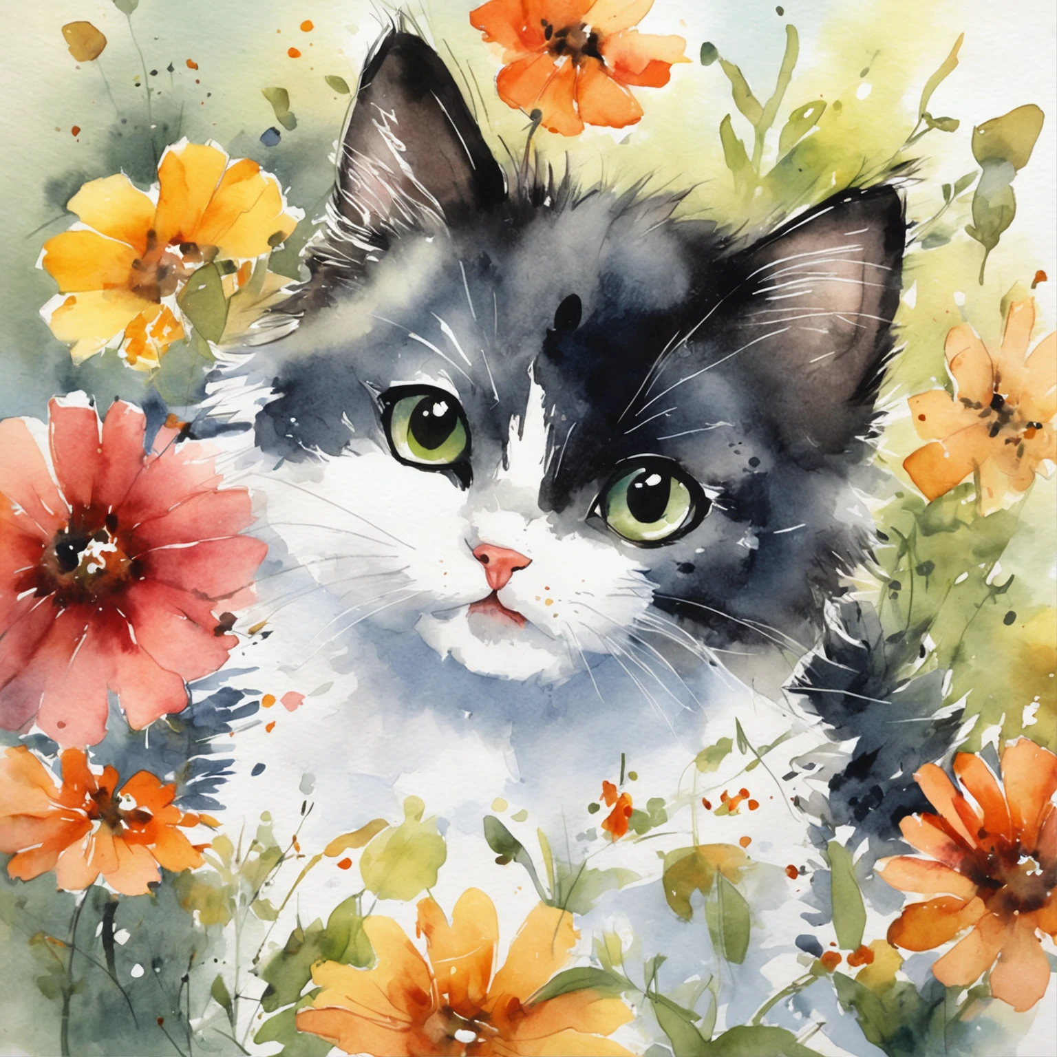 Black and white kitten、cute little、fluffy bristles、illustratio、watercolor paiting、picture book