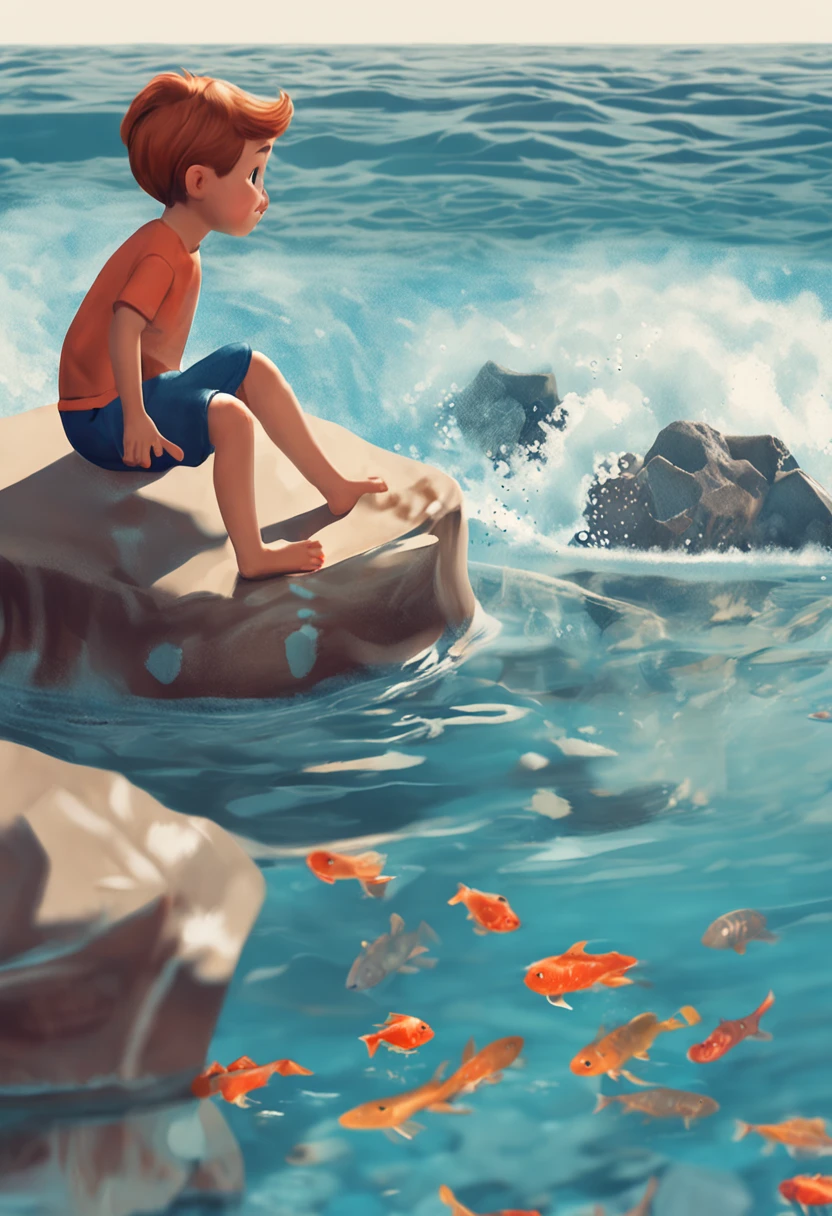 Movie image quality，Disney animation style，A little boy swims in the sea with koi in his arms.，Short hair details，Denim fabric，barefoot，deep depth of field，High Light，real light，Ray Thrashing，OC Display，Hyper-Realistic，Best qualtiy，10，Master's work，Super Resolution，Detailed pubic hair，Correct anatomy，Sharp focus on the eyes，bokeh，The facial features are meticulously depicted.