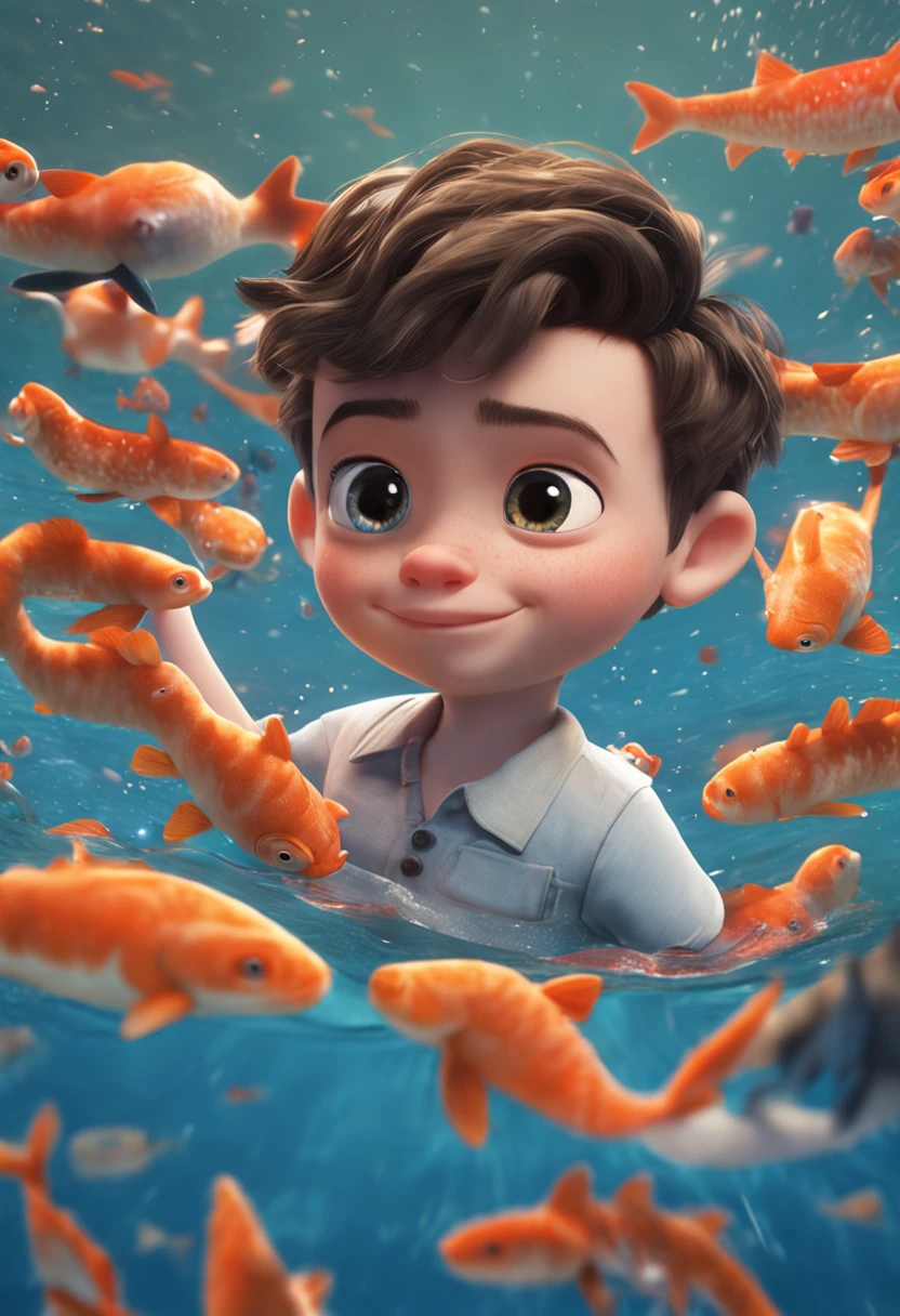 movie picture quality，Disney animation style，A little boy swims in the sea with a koi in his arms，short detailed hair，Denim suspenders，The barefoot，depth of fields，high light，Real light，Ray traching，oc rendered，Hyper-realistic，best qualtiy，8K，Works of masters，super-fine，Detailed pubic hair，Correct anatomy，sharp focus on eyes，Bokeh，Facial features are carefully depicted