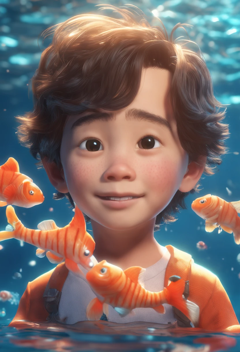 Movie image quality,Disney animation style,A swims in the sea with koi in his arms.,Short hair details,Denim fabric,barefoot,deep depth of field,High Light,real light,Ray Thrashing,OC Display,Hyper-Realistic,Best qualtiy,10,Master's work,Super Resolution,Detailed pubic hair,Correct anatomy,Sharp focus on the eyes,bokeh,The facial features are meticulously depicted.