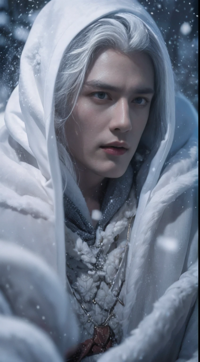 (8K)，Photorealistic, high resolution, 1 Men, Solo, a black cloak， Beautiful eyes, White hair, ringed eyes, (sitted，Cloak，Cover with snow)，snowfield，