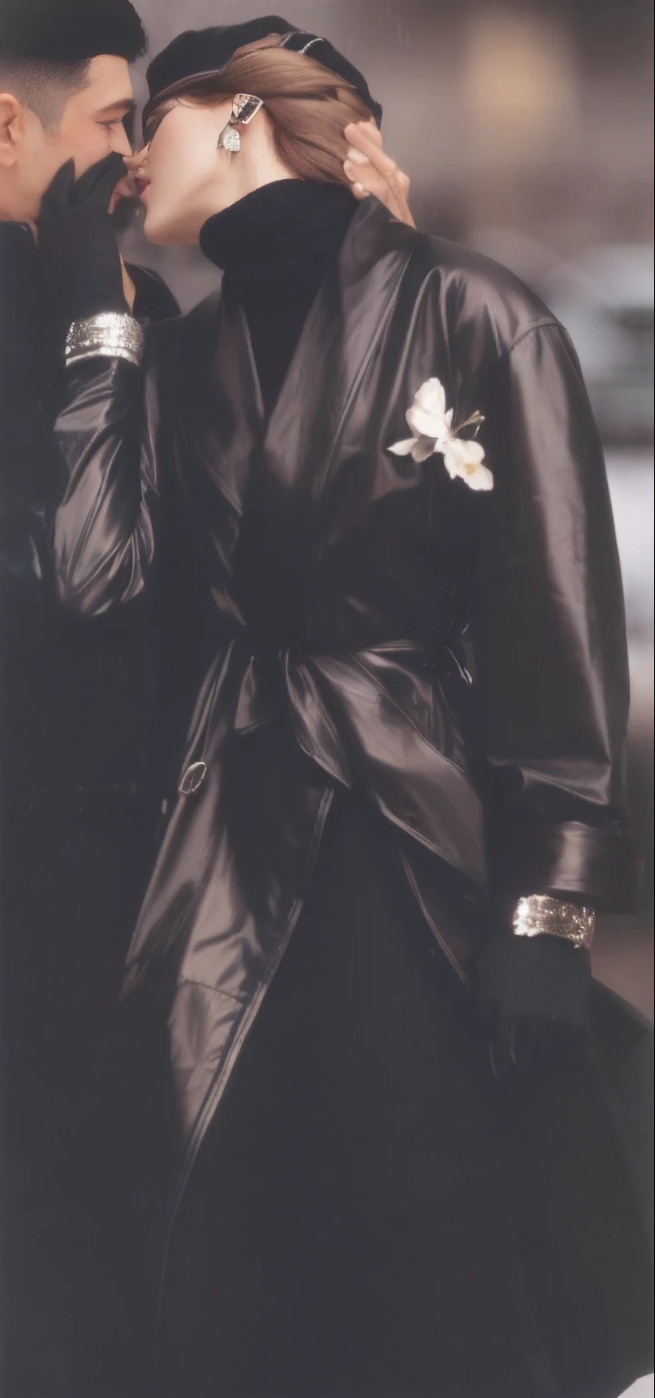 a woman in a shiny black leather coat and a ,completely naked man are standing next to each other on a street, Leather, , Shining with rain, a woman in a deep-black shiny leather coat is passionately kising a completely naked man, Tragen von Leder, schwarzes Leder, Tragen eines Ledermantels, Stil von Paolo Roversi, hineingezoomt, Nick Knight, Im Stil von Paolo Roversi, Leather bathrobes, Steven Meisel, Steven Klein, full body close-up shot