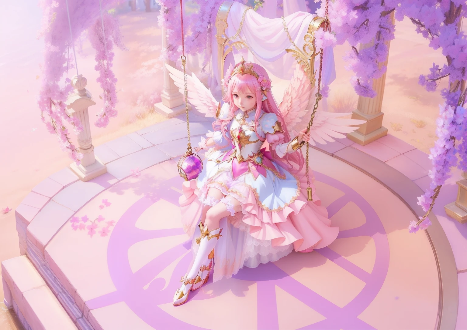 Anime girl sitting on swing,Wings on pink background, Anime goddess, knights of zodiac girl, Pisif Contest Champion, ((a beautiful fantasy empress)), Pisif, Digital art on Pisif , anime in fantasy style, inspired by Hirosada II, the wallpaper!, Anime princess, angemon l sitting at the thrown, at pixiv