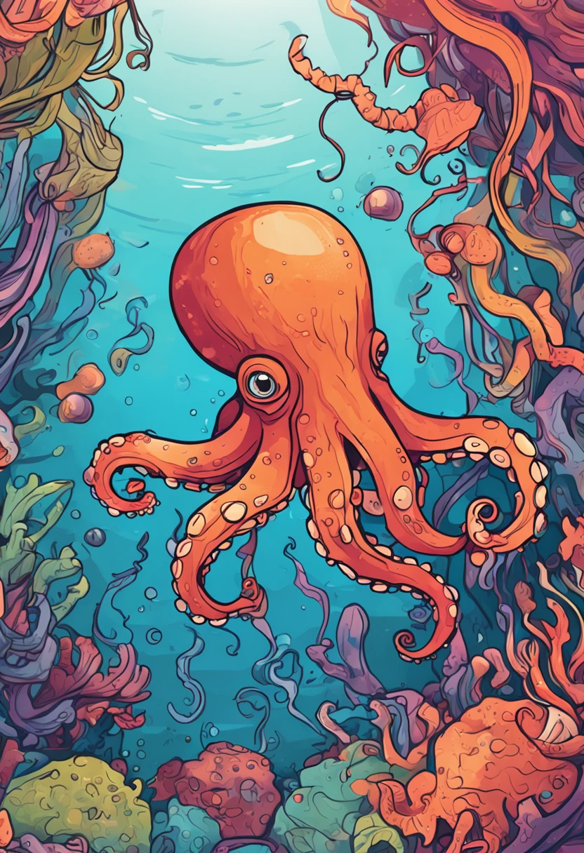 um close up de um octopus correndo em um fundo colorido, Digital octopus , arte vetorial altamente detalhada, Jen Bartel, estilo de arte impressionante, estilo de arte vetorial, arte do Adobe Illustrator, Arte de Alessandro Pautasso, Arte vetorial HD, Horse, arte vetorial multicolorida, full-colour illustration, Bela arte UHD 4K, vibrant high contrast coloring, cute octopus
