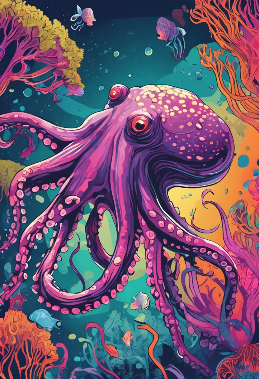 um close up de um octopus correndo em um fundo colorido, Digital octopus , arte vetorial altamente detalhada, Jen Bartel, estilo de arte impressionante, estilo de arte vetorial, arte do Adobe Illustrator, Arte de Alessandro Pautasso, Arte vetorial HD, Horse, arte vetorial multicolorida, full-colour illustration, Bela arte UHD 4K, vibrant high contrast coloring, cute octopus