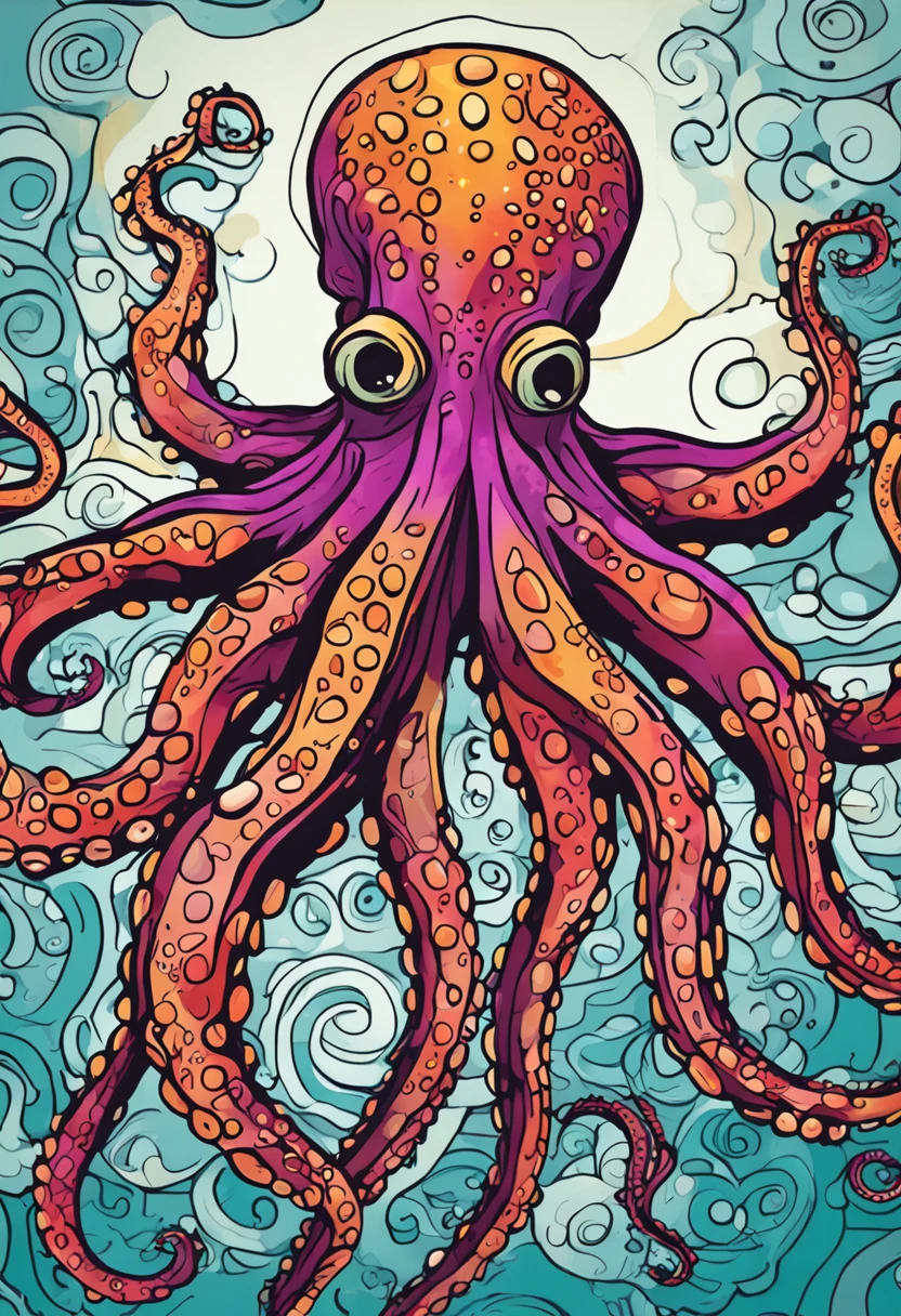 um close up de um octopus correndo em um fundo colorido, Digital octopus , arte vetorial altamente detalhada, Jen Bartel, estilo de arte impressionante, estilo de arte vetorial, arte do Adobe Illustrator, Arte de Alessandro Pautasso, Arte vetorial HD, Horse, arte vetorial multicolorida, full-colour illustration, Bela arte UHD 4K, vibrant high contrast coloring, cute octopus