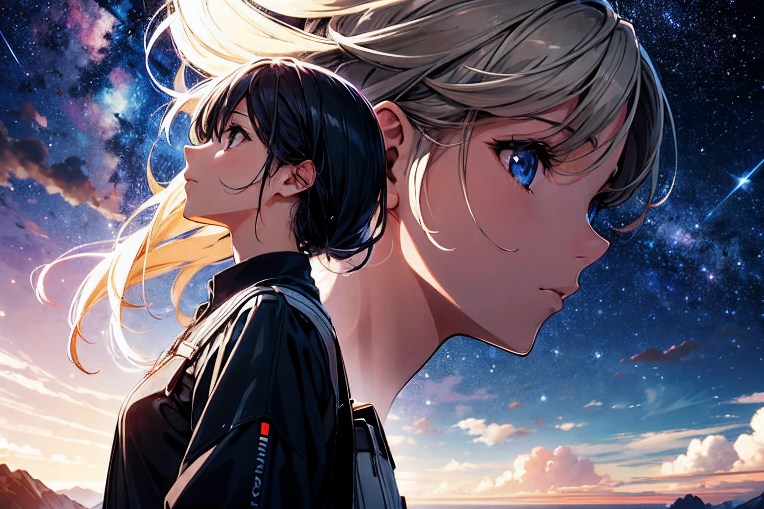 absurdres, highres, (official art, beautiful and aesthetic:1.2), close view,
1girl, shining sky, vast world, gazing, awe-inspiring expression, distant horizon, clouds, high hill, natural beauty, inspiration, night sky, Shining Stars,