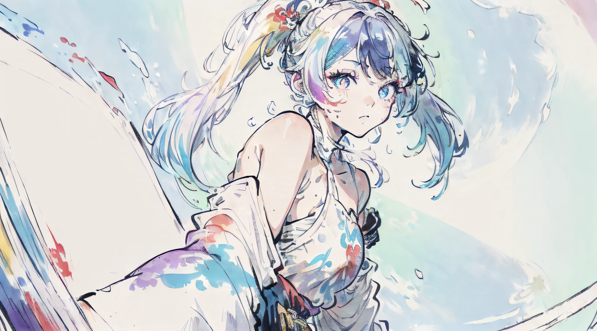 (Colorful hair: 1.8), (all the colours of the rainbow: 1.8),(((((Vertical Painting:1.6))), (Painting:1.6),front, comics, Illustrations, Painterly, Large eyes, Crystal clear eyes,( rainbow color gradient high ponytail:1.7), Exquisite makeup, Closed mouth,(Small fresh: 1.5),(Wipe Chest: 1.6) ,long eyelashes, white off shoulder T-shirt, White shoulder shirt,gaze at the audience, Large watery eyes, (rainbow-colored hair:1.6), Color splash, (Solo:1.8), Color splash, Color explosion, Thick paint style, Messy lines, ((Shining)),(Colorful), (Colorful), (Colorful), Colorful, Thick paint style, (Splash) (Color splash), Vertical Painting, Upper body, Paint splashes, Acrylic Pigment, gradient, paint, Highest image quality, Highest Quality, masutepiece, Solo, depth of fields, Face Paint, colourful clothes, (Elegant: 1.2), Gorgeous,Long hair, Wind, (Elegant: 1.3), (flower petals: 1.4),(((masutepiece))),(((Best Quality))),((Ultra-detailed)),(Illustration),(Dynamic Angle),((floating)),(paint),((disheveled hair)),(Solo),(1girl in) , (((Detailed anima face))),((beautifull detailed face)),Collar,Bare shoulders,White hair, ((Colorful hair)),((striated hair)),Beautiful detailed eyes,(Gradient color eyes),(((Colorful eyes))),(((Colorful background))),(((High color saturation))),(((Surrounded by colorful splashes))),