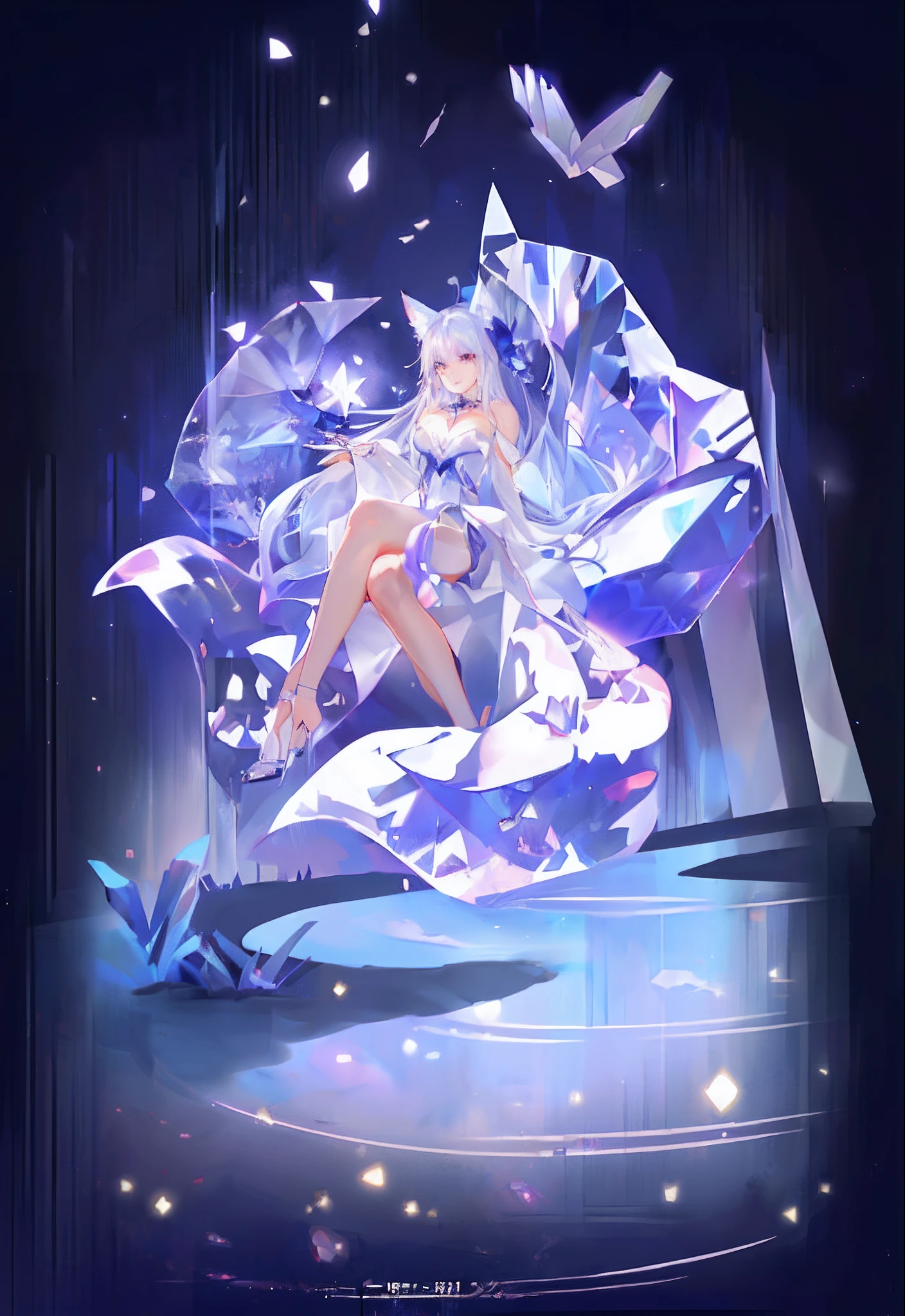 There is a purple fox demon woman sitting on a diamond, Digital art on Pixiv, Crystalline!!, ahri, crystalline skin, Anime art wallpaper 8 K, on a throne of crystals, white-haired god, Anime art wallpaper 4 K, Anime art wallpaper 4k, [ 4 K digital art ]!!, seraphine ahri kda, anime wallpaper