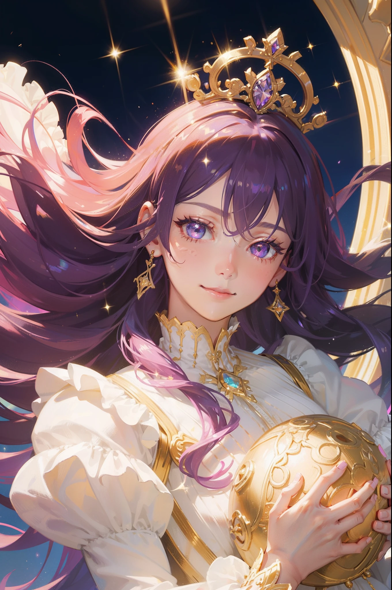 masterpiece, best quality, beautiful detailed hair detailed face, perfect feminine face, big almond-shape eyes, smile, happy, a beautiful and cute girl with sparkling and glowing purple hair, jewelry, golden ornament, frills, lace, (tiara:1.2), (close-up potrait:1.2), floating hair by wind, (sparkle particle), lens flare, sharp focus, volumetric lighting