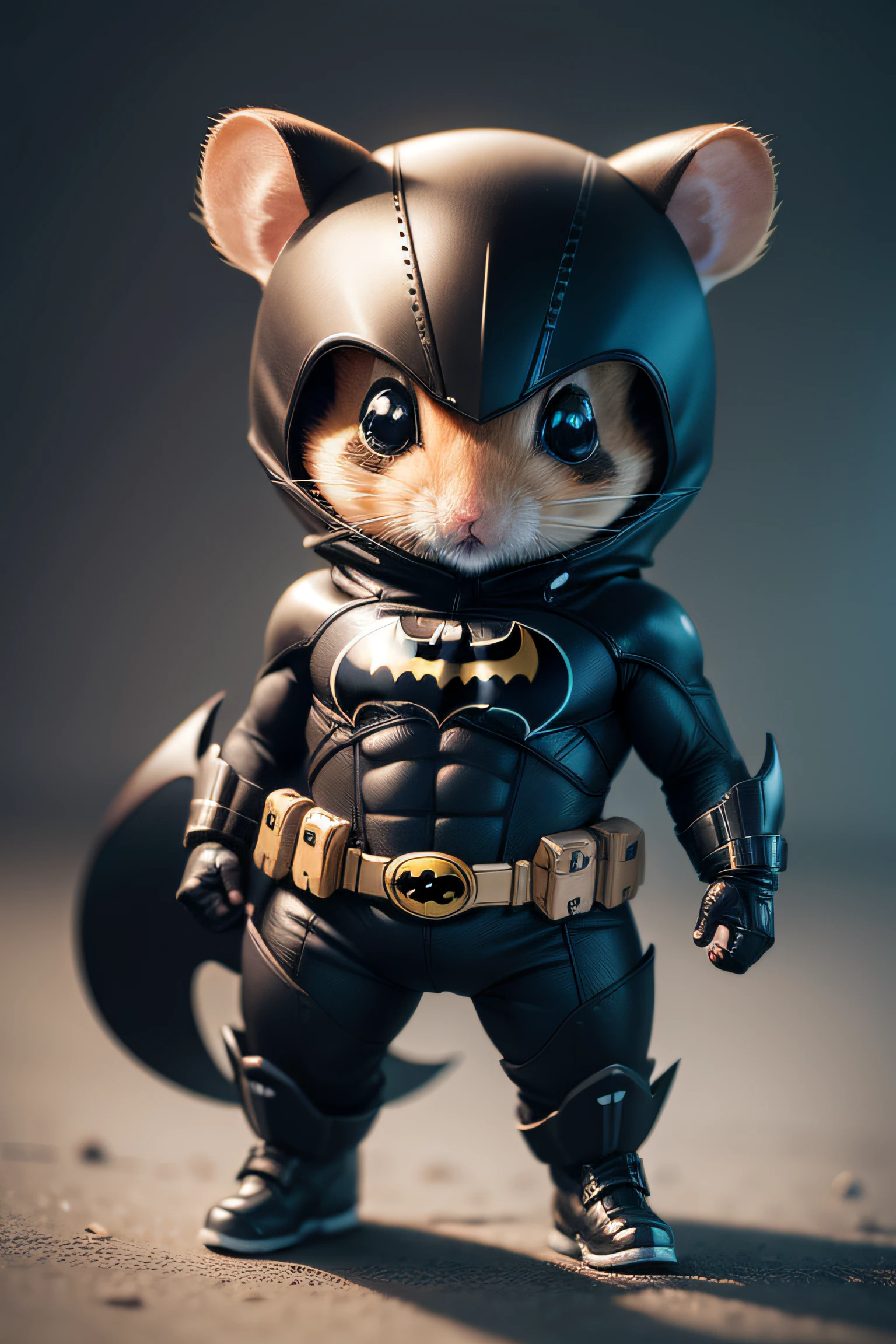 A cute hamster in batman suit, small, tiny, chibi style, full body, sharp focus, 8K Wallpaper, master piece