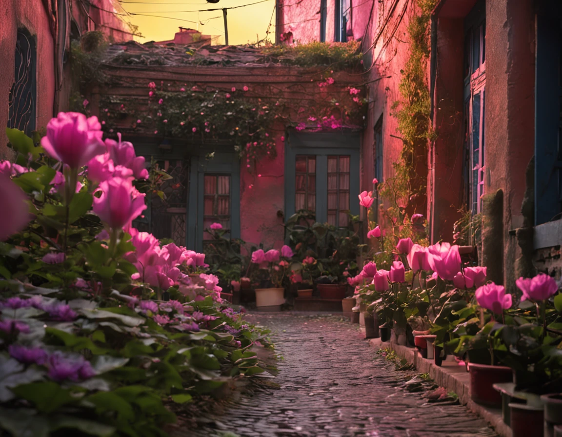 after rainny,Summer evening,Old courtyard,Walls full of trumpet flowers,The setting sun shines obliquely,A tranquil,warm lights