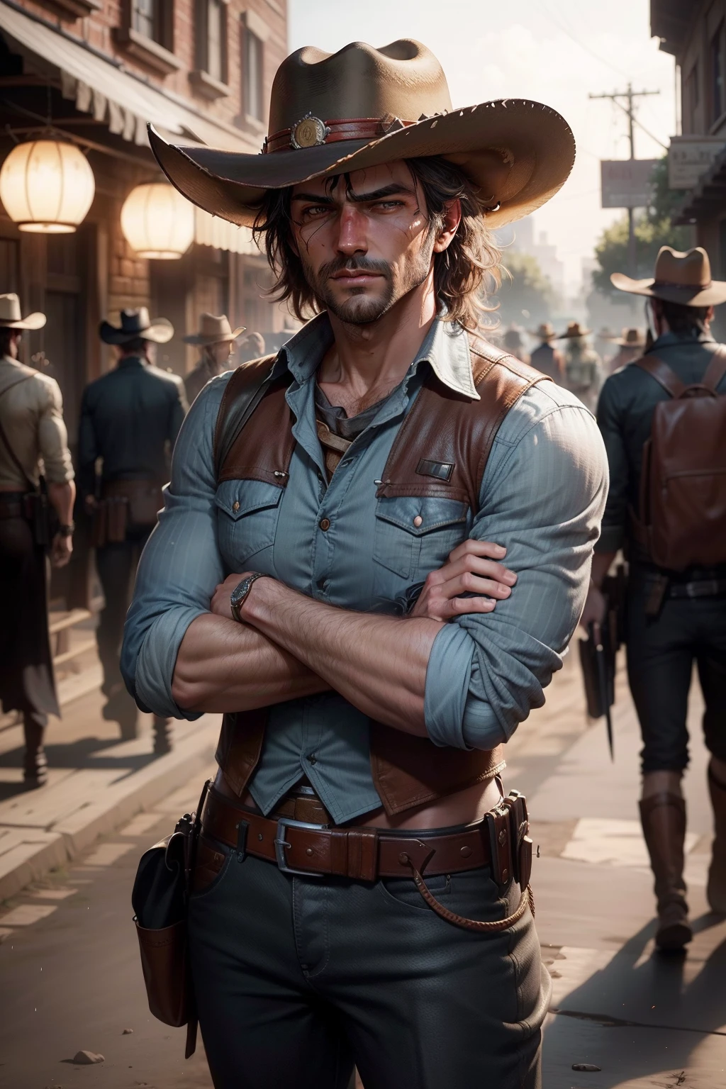 (High quality CG:1.2,Rich in detail,8K,A high resolution),Red Dead Redemption,cowboys,Messy hair is revealed under the cowboy hat,Cross your arms over your chest,Background bokeh