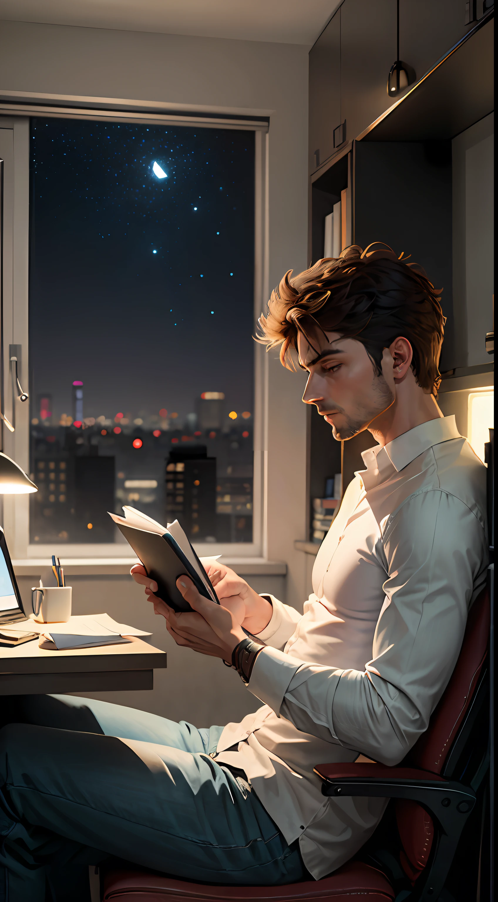 the night,A man is reading a blank book --auto