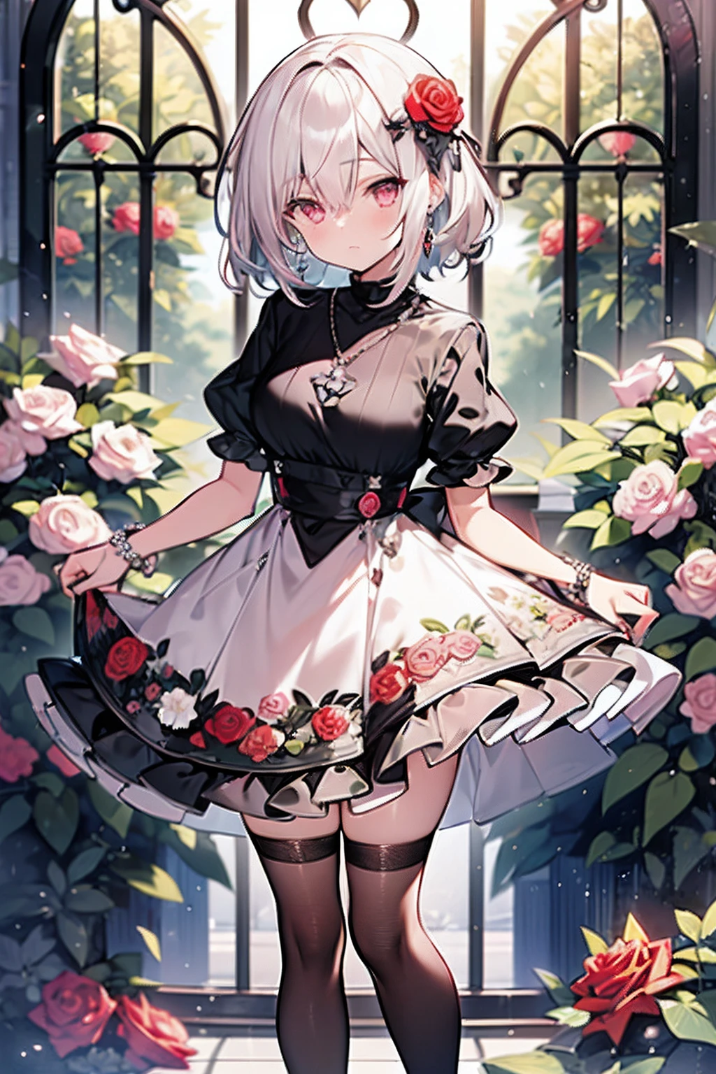 ((masutepiece, Best Quality)), maidennurse, Standing Full Body Main View White Hair, short-hair, Pink eyes, bangs between the eyes, Black white and rose red clothes, clothing style: Dress, Floral hair ornament, Crystal Pendant, high-heels, Wearing black stockings