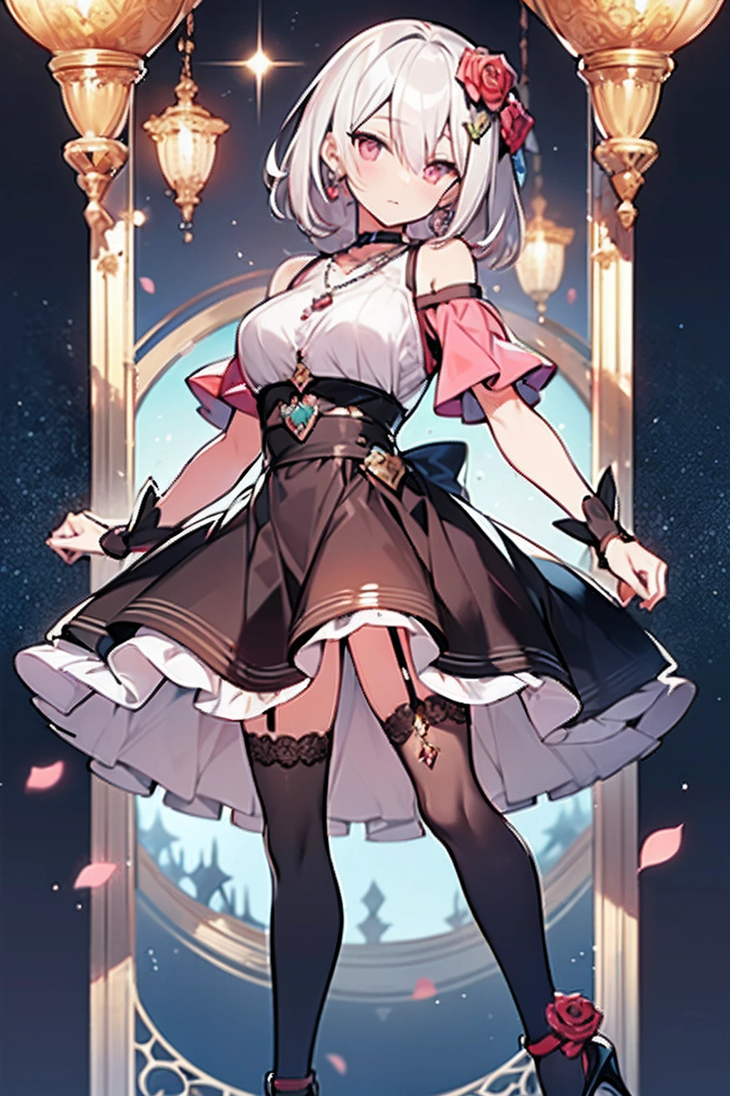 ((masutepiece, Best Quality)), maidennurse, Standing Full Body Main View White Hair, short-hair, Pink eyes, bangs between the eyes, Black white and rose red clothes, clothing style: Dress, Floral hair ornament, Crystal Pendant, high-heels, Wearing black stockings