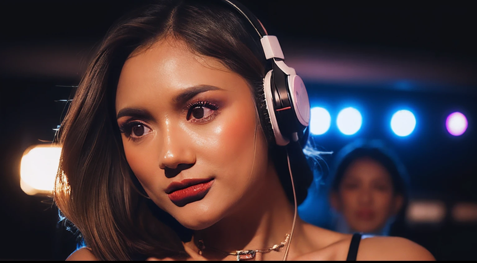 upper body, female dj, colorful clothes , quirky, vibrant appearance, playful accessories, creative behavior, imaginative, sensual, spontaneous, dj headphones, mixing console, music club, night club, indie theaters, people dancing on the dance floor background, underground danceclub, highest quality, skin texture, intricate details, (cinematic lighting), RAW photo, 8k