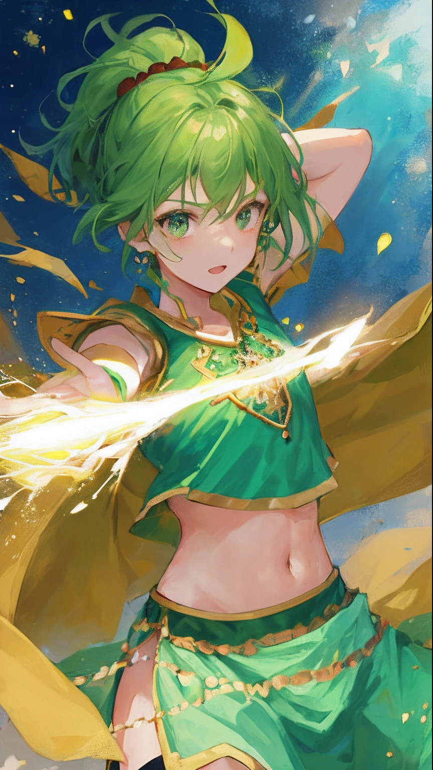 girl, green tuft hair, hindu, indian costumes, action pose, war, fantasy background, magic power, tomboy
