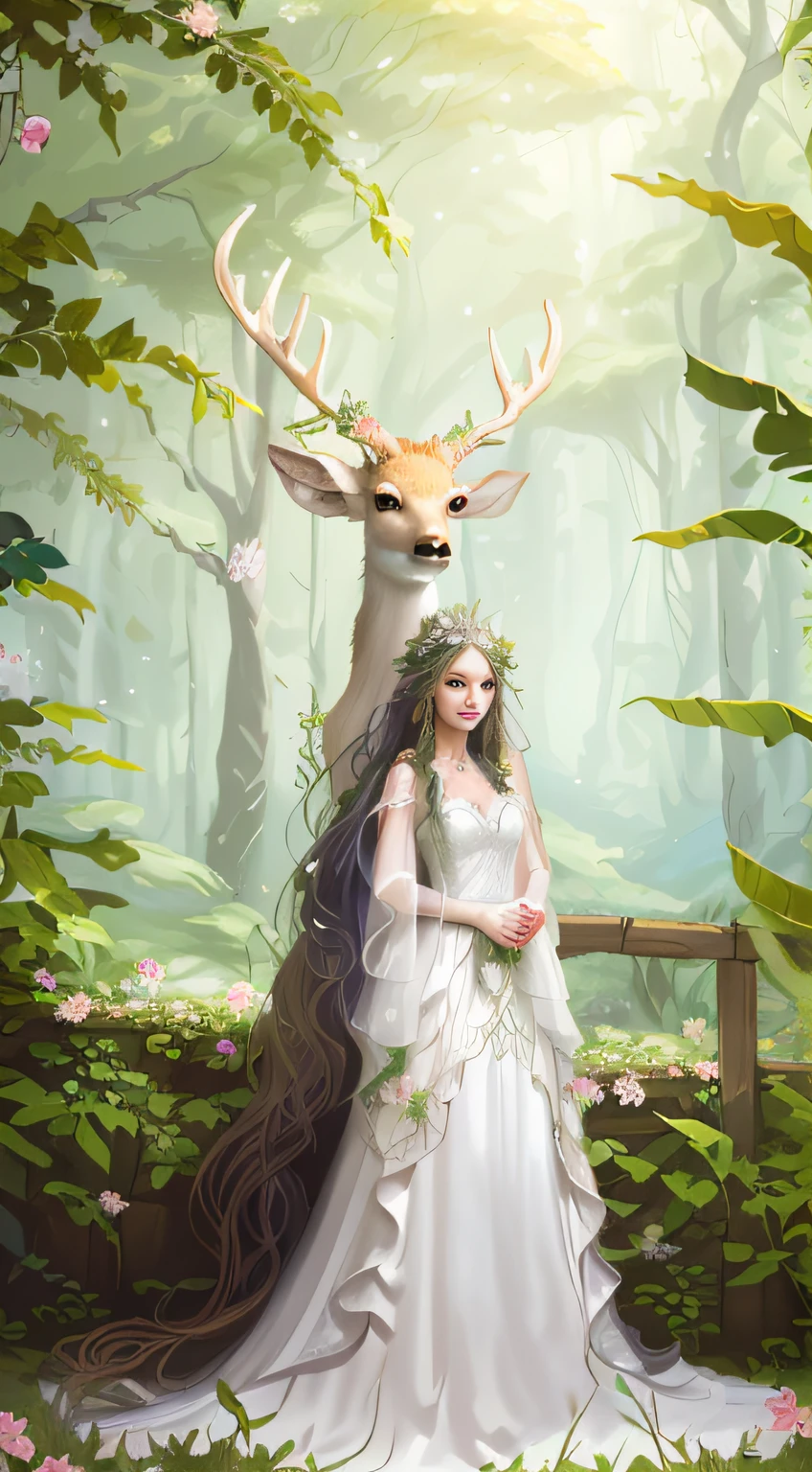 There is a woman in a wedding dress standing next to a deer,goddess of the forest,queen of the forest,Fantasy art style,beautiful fantasy art,fey queen of the summer forest,A beautiful artwork illustration,Realistic fantasy illustration,Beautiful character painting,goddess of nature,by Yang J,Beautiful digital illustration,digital fantasy art,Beautiful digital artwork。