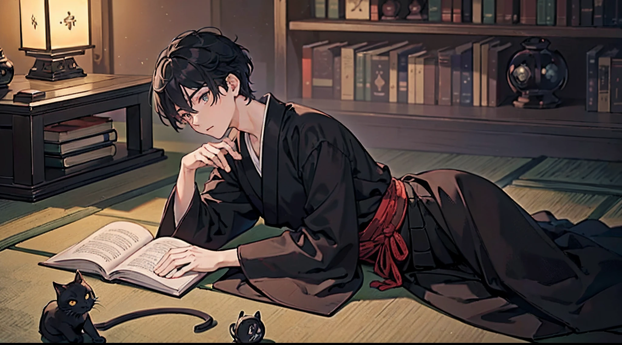 (intricate-detail、ultra-detailliert:1.2),
#night sky (darkness of night,no light),
#one writing boy (16 male、Honor Students、A dark-haired、short-hair、hakama,sit flat),
#black room at night (no light,black cat,wooden low table,one candle,pretty tatami,a lot of books,bookshelf)