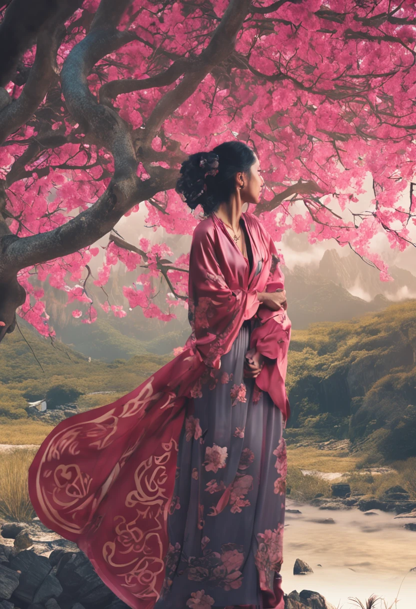 Depressed woman wears amulet and goes out、Depict yourself enjoying the surrounding scenery。Express a smile or a sense of liberation