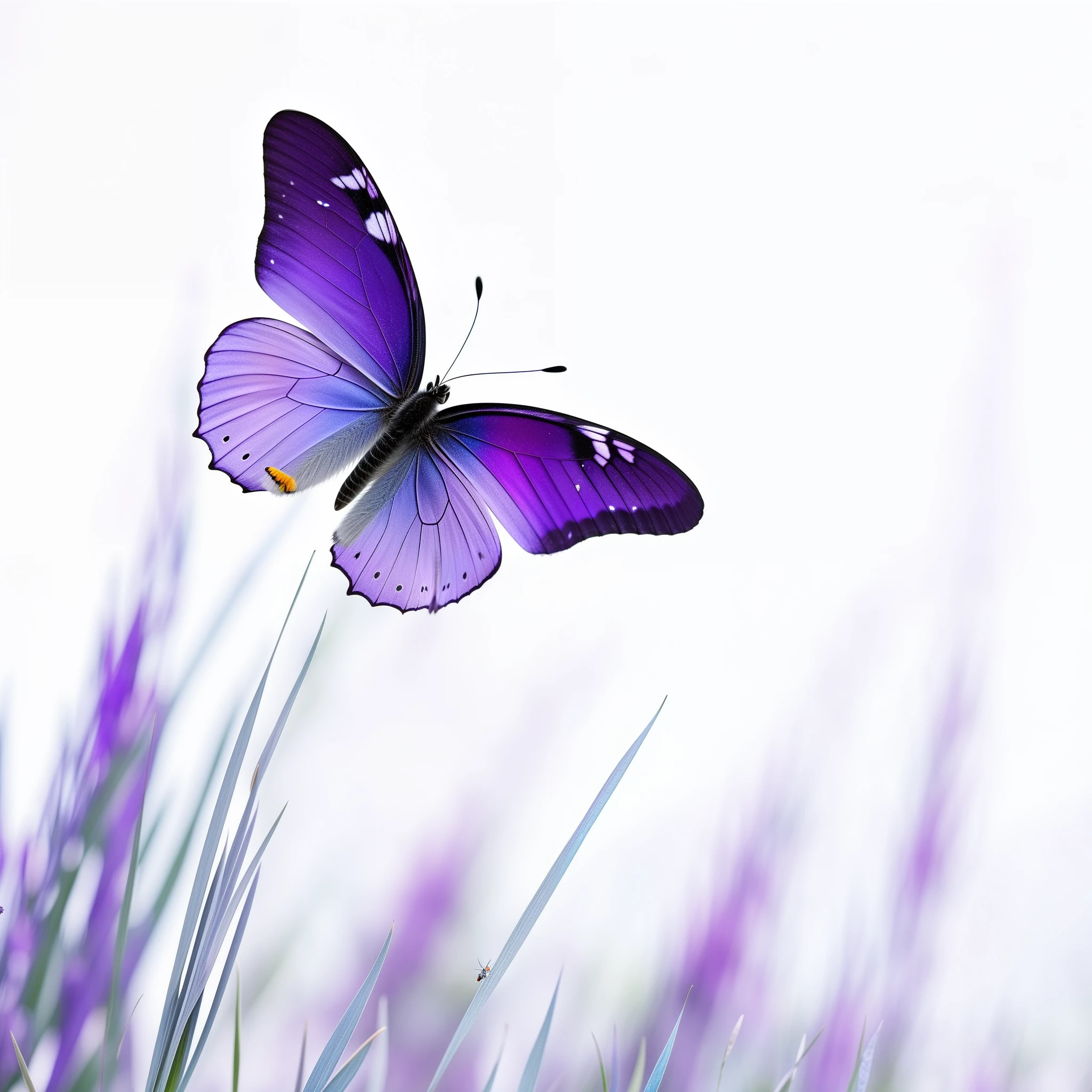 purple butterfly flying over a grassy area with a white sky in the background, butterfly, beautiful photo, harmony of butterfly, beautiful background, purple and blue colored, purple and blue, beautiful nature, white and purple, with beautiful wings, blue and purple, soft purple glow, by Shen Che-Tsai, purple colors, purple color, butterflies, butterflies flying, beautiful wallpaper