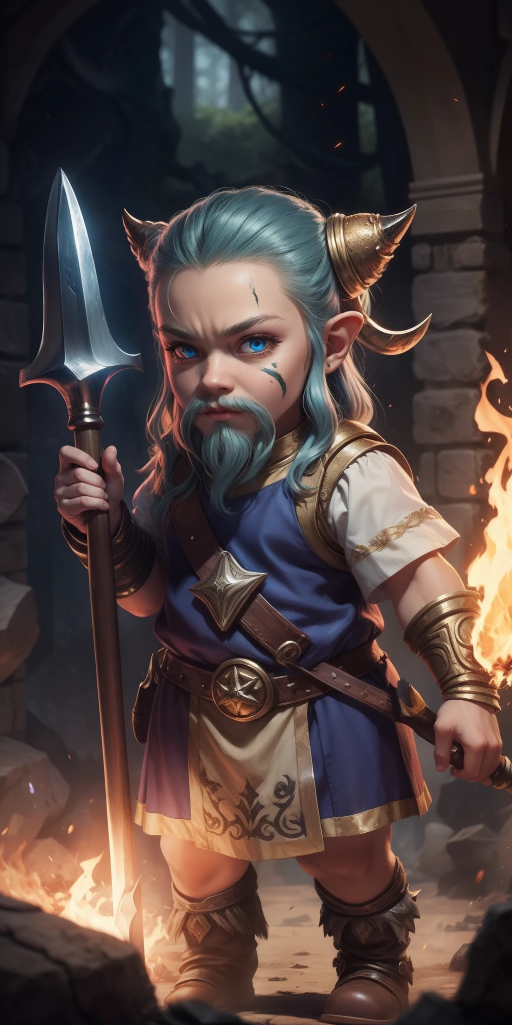 A dwarf with fiery eyes, With a huge magic hammer, Metallic skin