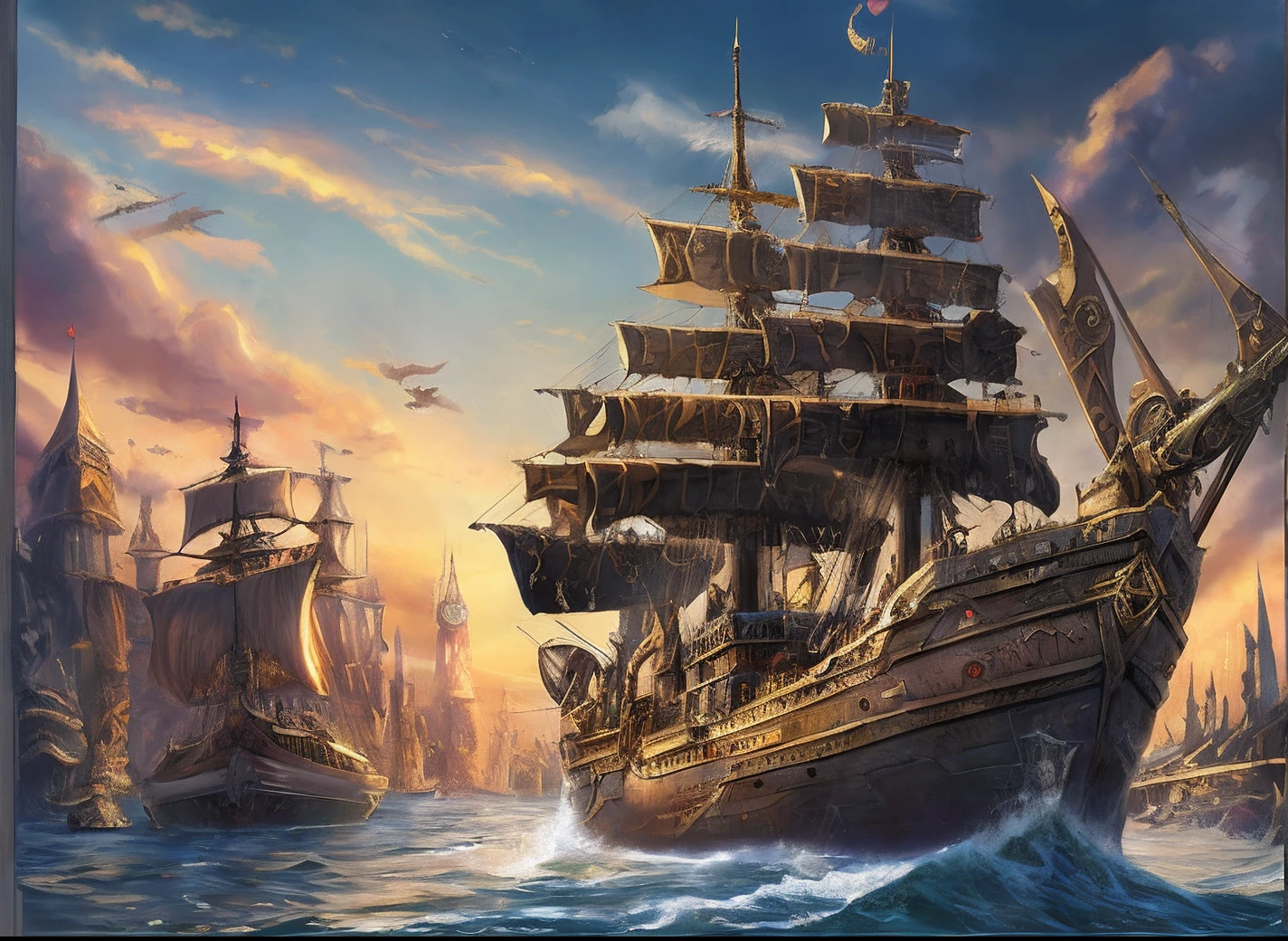 an art work with an old ship surrounded by lots of buildings, in the style of enchanting realms, mechanized forms, animecore, dynamic structures, junglecore, dark gold and azure, exaggerated features