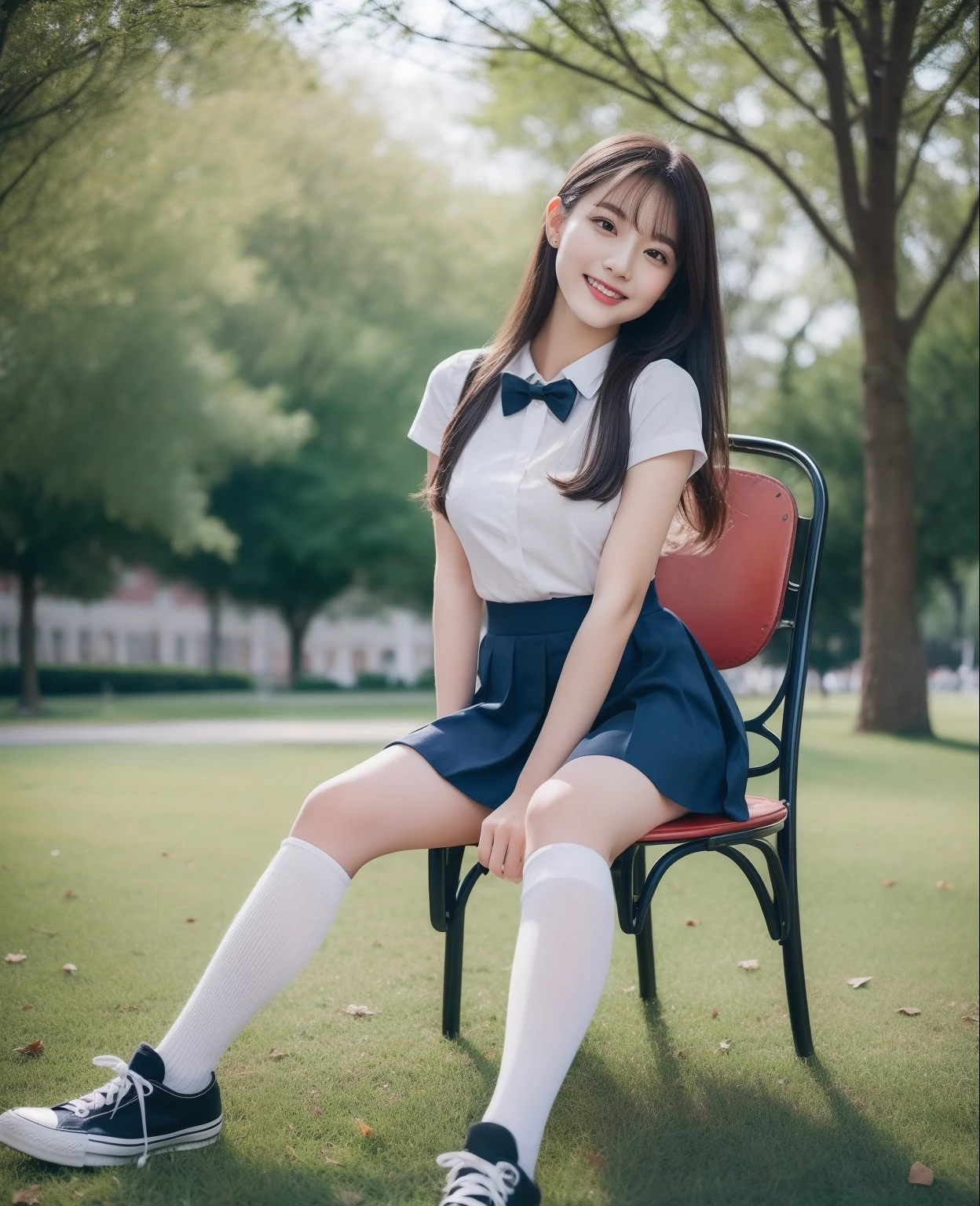 Pure Japanese school girl, sexual attractive, outstanding body, beautiful legs, wearing loose uniform, panty, sweet smile, sitting on bench, refreshing in early summer park, composition from the front,