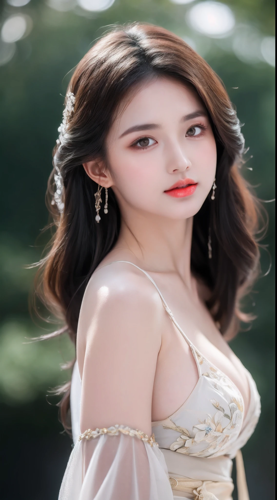 ((Best Quality, 8k, Masterpiece: 1.3)), Focus: 1.2, Perfect Body Beauty: 1.4, Buttocks: 1.2, ((Layered Haircut)), (Wet Clothes: 1.1), (Rain, Street:1.3), (Breasts: 1.2), (Hanfu: 1.2), Bare Shoulders, Bare Legs, Highly Detailed Face and Skin Texture, Fine Eyes, Double Eyelids, Whitened Skin, Long Hair, (Shut Up: 1.5), (Bokeh Background: 1.5), Big Breasts