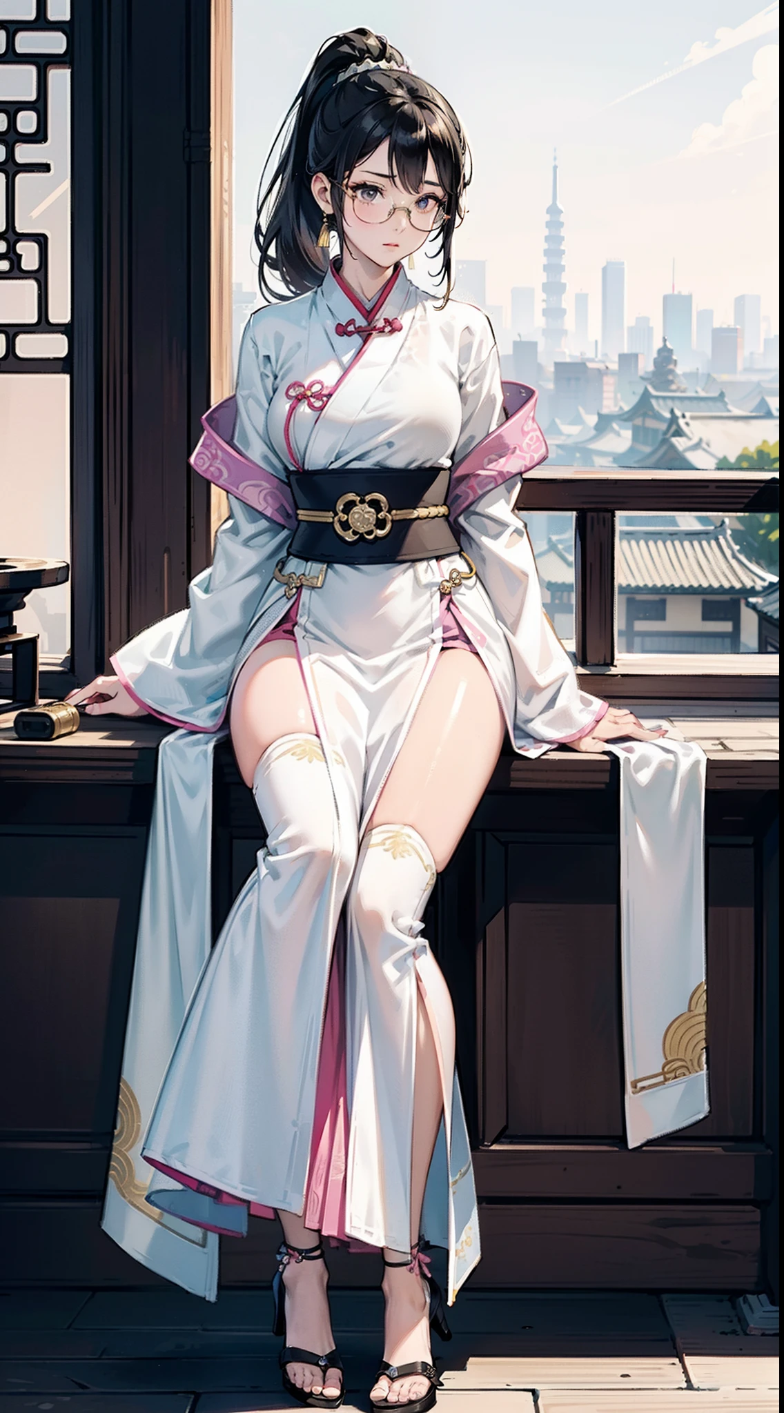 girl wearing spectacles,full bodyesbian,(Face details:1.2),tmasterpiece,Fashionab,Hanfu,Blue or white or yellow or pink ponytail or double ponytail or short or curly hair or long or curly hair,Doctor close-up, Has a glowing five-star rating, Their names, Photo, and the city in the background.,Large bust,rimless eyewears,Slim figure,Cute girl,Full body like,Hanfu,komono,Ancient Chinese streets,Dirty dark streets,high-heels,long leges,Sit in a chair or stand,Black or yellow or pink hanfu、Intricate pattern,Lots of details,tulle shawl,Fair skin,Pale skin