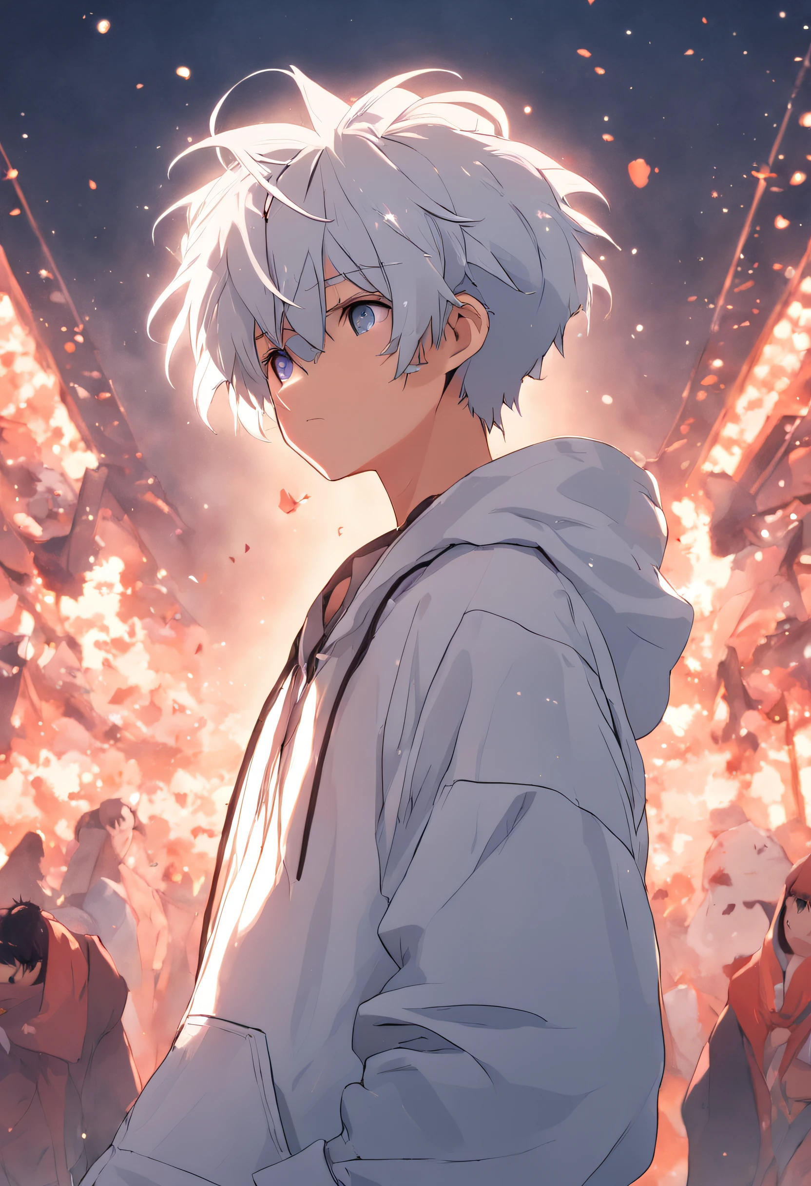 Gray-haired Japanese anime boy youth, VR glasses,, White hoodie, White shorts, No tattoos, No beard