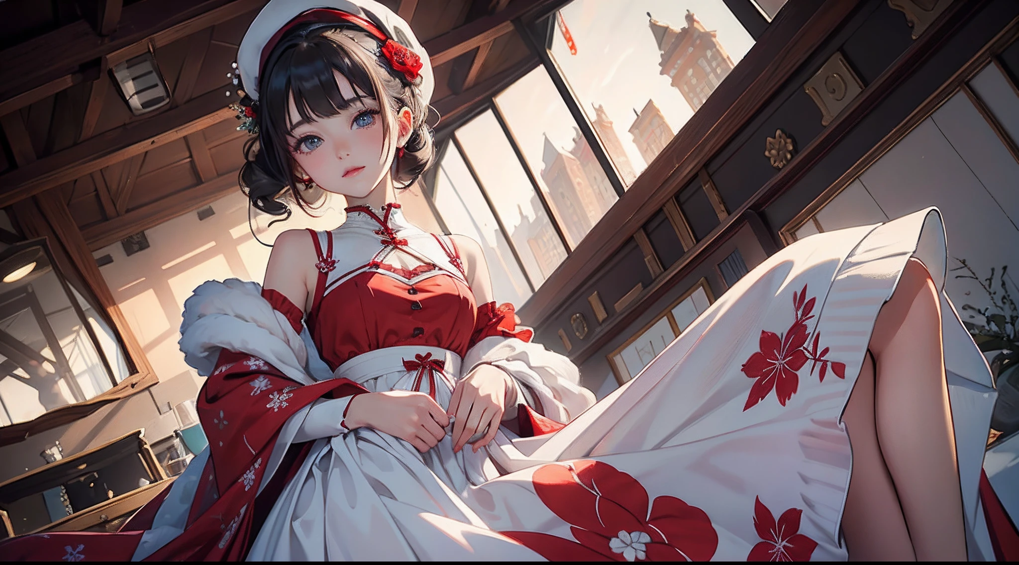a girl,solo,masterpiece,best quality,highres,Extreme detaildelicate face,Extreme detaildelicate eyes,(face alignment),fair complexion,Exquisite hairstyle,light-colored lips,A charming smile.Strong sense of detail and layer,rich and gorgeous color,with a unique sense of texture, Rich color, color harmony, vivid painting ,design,16k,hyper detailed, abstractionism,wearing a light gray dress, printed with bouquets and red and dark gray ribbons, was paired with a red waistband and a hat decorated with small flowers for a festive winter vibe. And her hair up in an Delicate and beautiful fashion.
