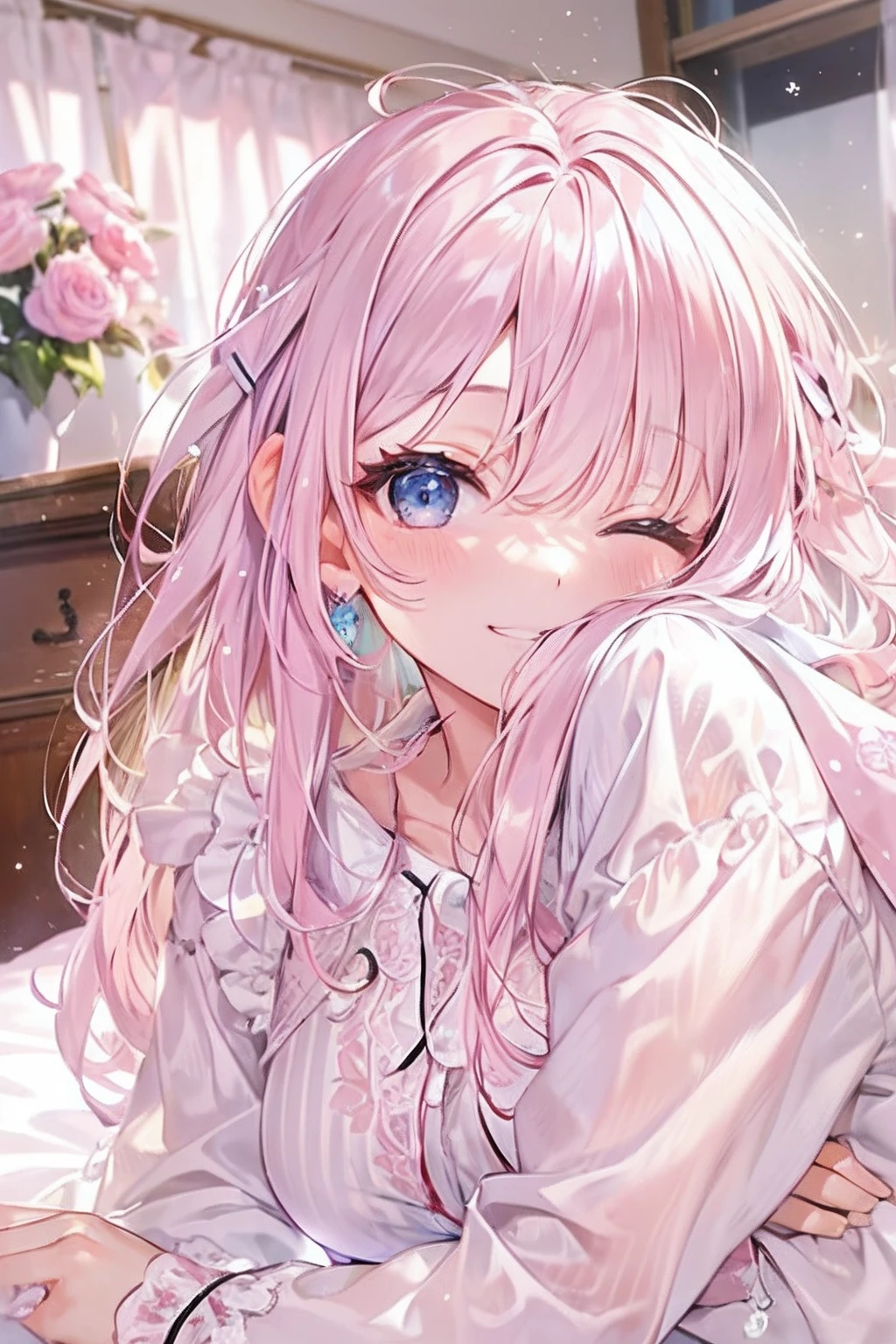 (((​masterpiece)))、(((top-quality)))、((ultra-detailliert))、(illustratio)、((extremely delicate and beautiful))、Bright smile、floating、(Detailed light) 、The long-haired、The wind is blowing、A WORLD、（cute eye）、Crystal clear white skin、Functional、full body Esbian、Junior high school student、14years、(Hair color is shiny light pink)、Cute Summer Pajamas、On a beautiful cute bed、Have a good morning kiss、While sleeping、Embarrassing
