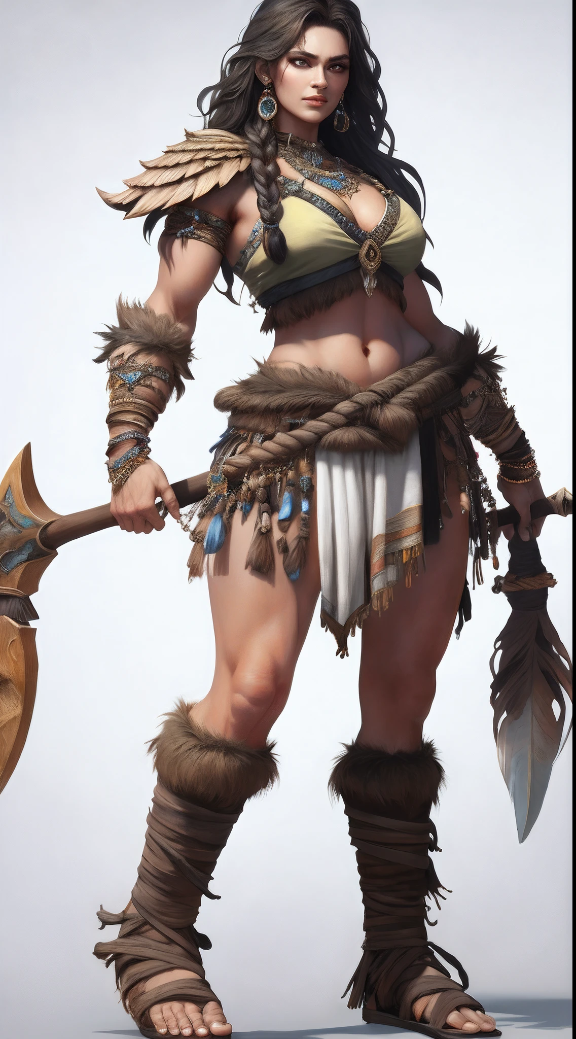 1 beautiful woman、Full body like,Primitive barbarian style,highly details eye、Detailed beautiful face,Full body standing painting,dynamicposes,white backgrounid,tmasterpiece,best qualtiy,Best resolution,8K,