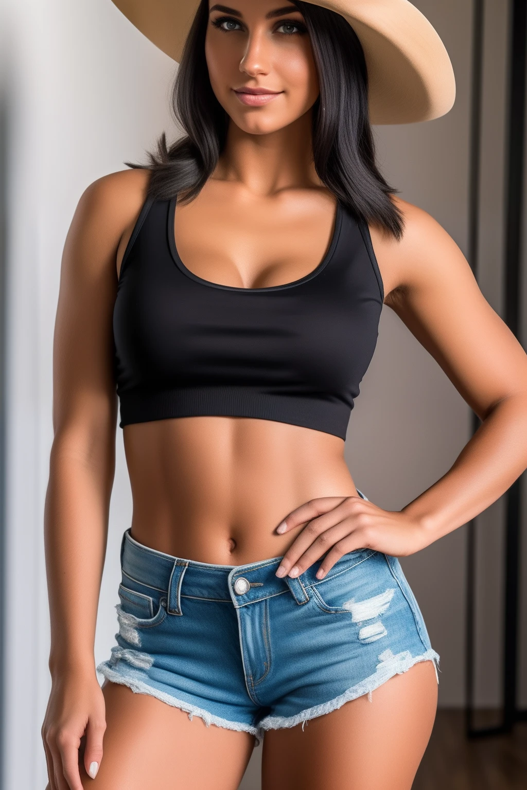 obra-prima, 8K, realista, foto-realista, 1 cowgirl, cabelo preto comprido liso: 1.2), sensual, small shy smile, olhos verdes escuros, gengibre, 20 yo, jovem, quarto, (shorts, nobra tank top: 1), profesional lighting,