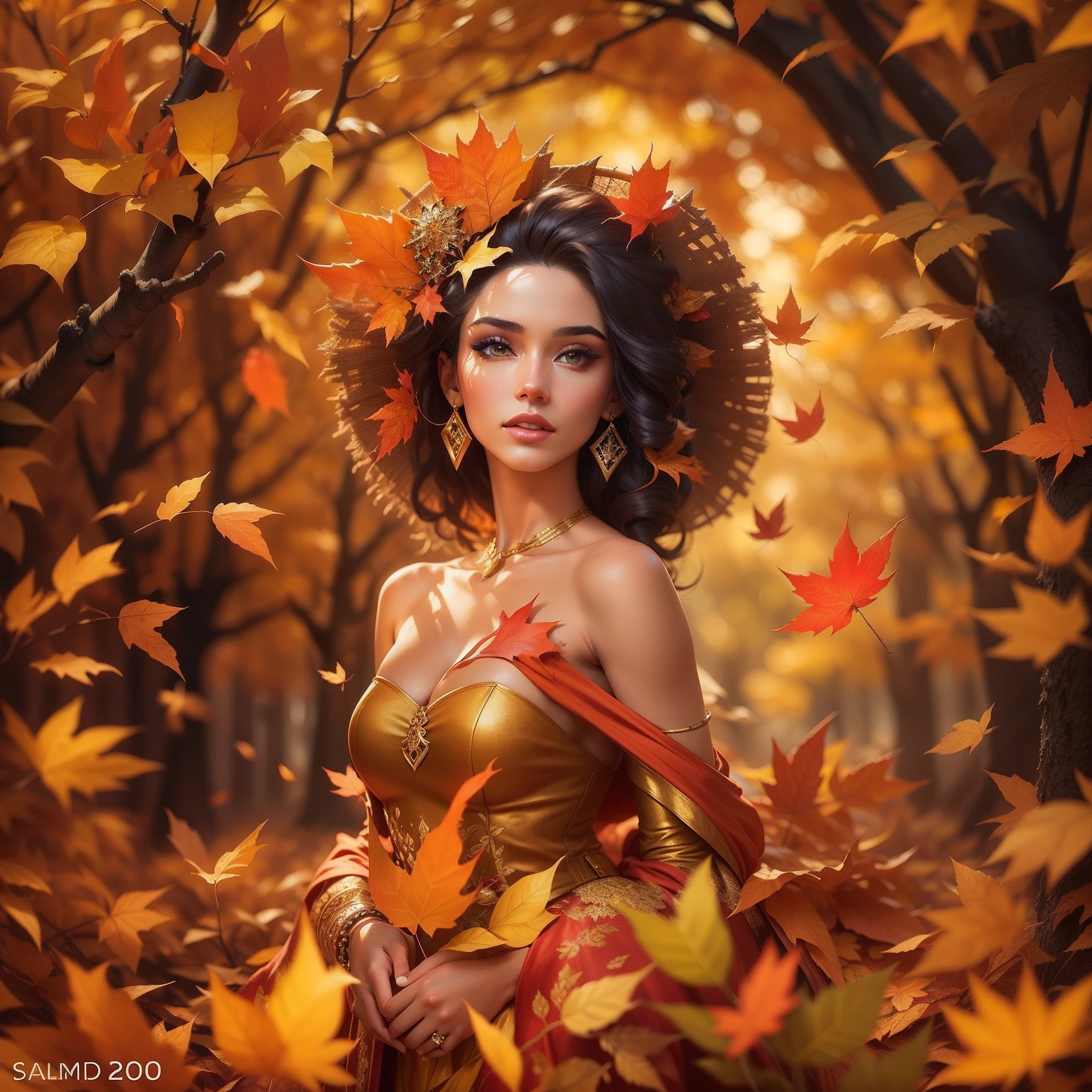 A woman in a golden dress surrounded by autumn leaves, fantasy style clothing, colorful rich fantasy clothing, fashion clothing, by Bascove, luxurious theme, style of laura sava, fashion poster, fashion design, creativity in fashion design, fashion clothes, designer fashion, creative fashion, fashion designer, digital effects fantasy, luxury fashion illustration, foliage clothing, the goddess of autumn harvest, Canon EF 24 - 70mm f/ 2. 8L II USM lens on a Canon EOS 5D Mark IV camera,
