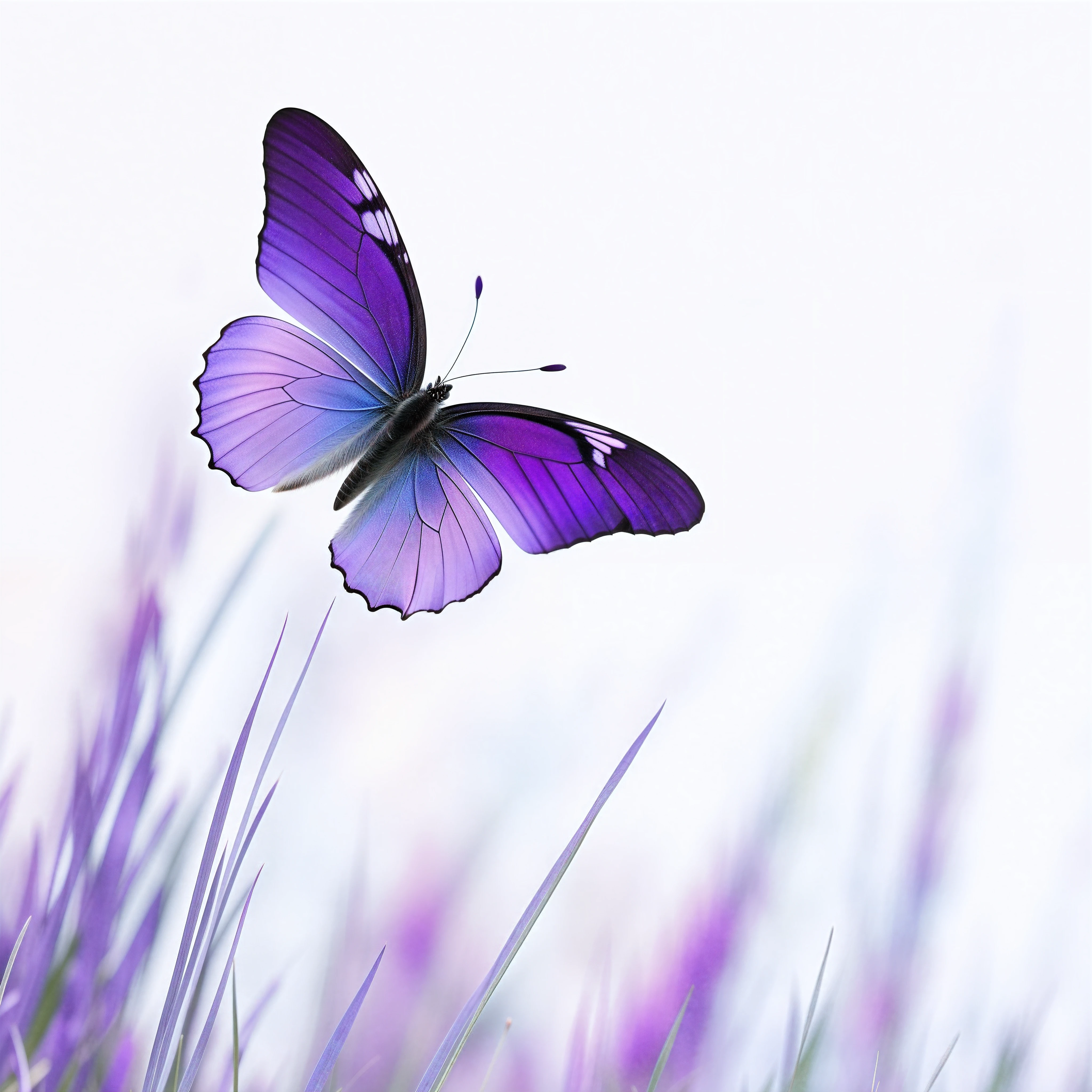 purple butterfly flying over a grassy area with a white sky in the background, butterfly, beautiful photo, harmony of butterfly, beautiful background, purple and blue colored, purple and blue, beautiful nature, white and purple, with beautiful wings, blue and purple, soft purple glow, by Shen Che-Tsai, purple colors, purple color, butterflies, butterflies flying, beautiful wallpaper