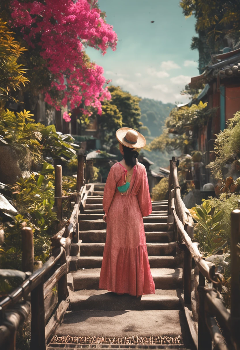 Depressed woman wears amulet and goes out、Depict yourself enjoying the surrounding scenery。Express a smile or a sense of liberation