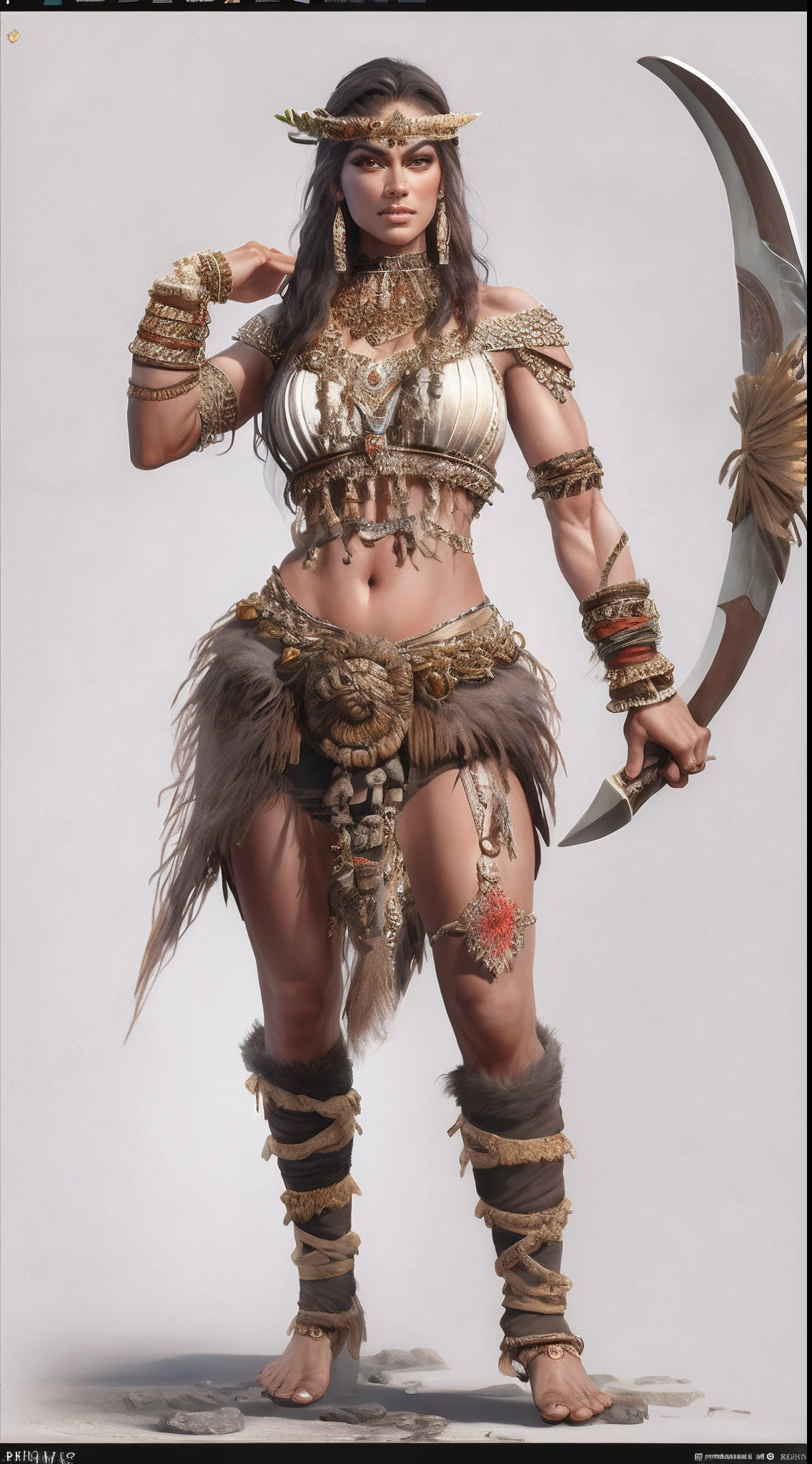 1 woman,Stone Age、Primitive barbarian style,highly details eye、详细的脸,Animal skin tops,Weapons made of bones,Full body standing painting,dynamicposes,white backgrounid,tmasterpiece,best qualtiy,Best resolution,8K,