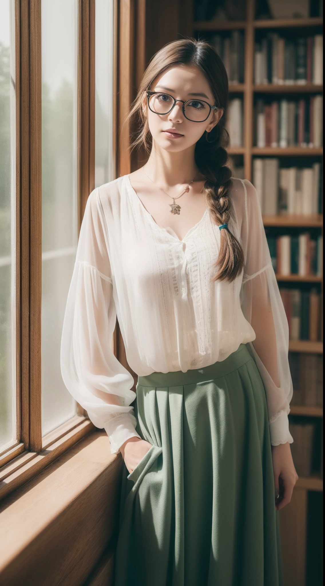 (((nffsw))), (((masutepiece))), (((8K))), (((hight resolution))), (((surrealism))), (((Cinematic lighting))), god rays, Zoom Layer, (((Cowboy Shot))), F/4.0, canon,A gentle female student who loves to read, Shiny skin,Detailed skin,Detailed face, Detailed eyes, A library with a relaxed atmosphere,Thin, long brown hair, Braided hair; Intellectual glasses, White sheer blouse, Light Green Long Skirt, White shoes, Simple watches, Book-shaped necklace , wide々and reading area, Natural light coming in through large windows, And vast bookshelves