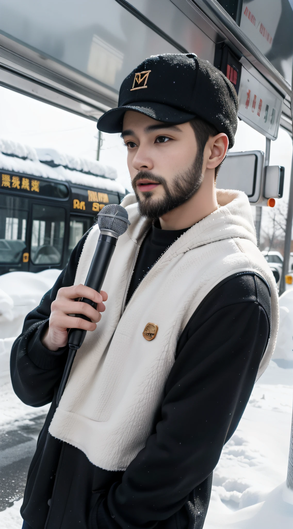 Man singing with microphone in snow in winter,Next to it is a bus,Dao Lang,A little beard,Wear a cap,