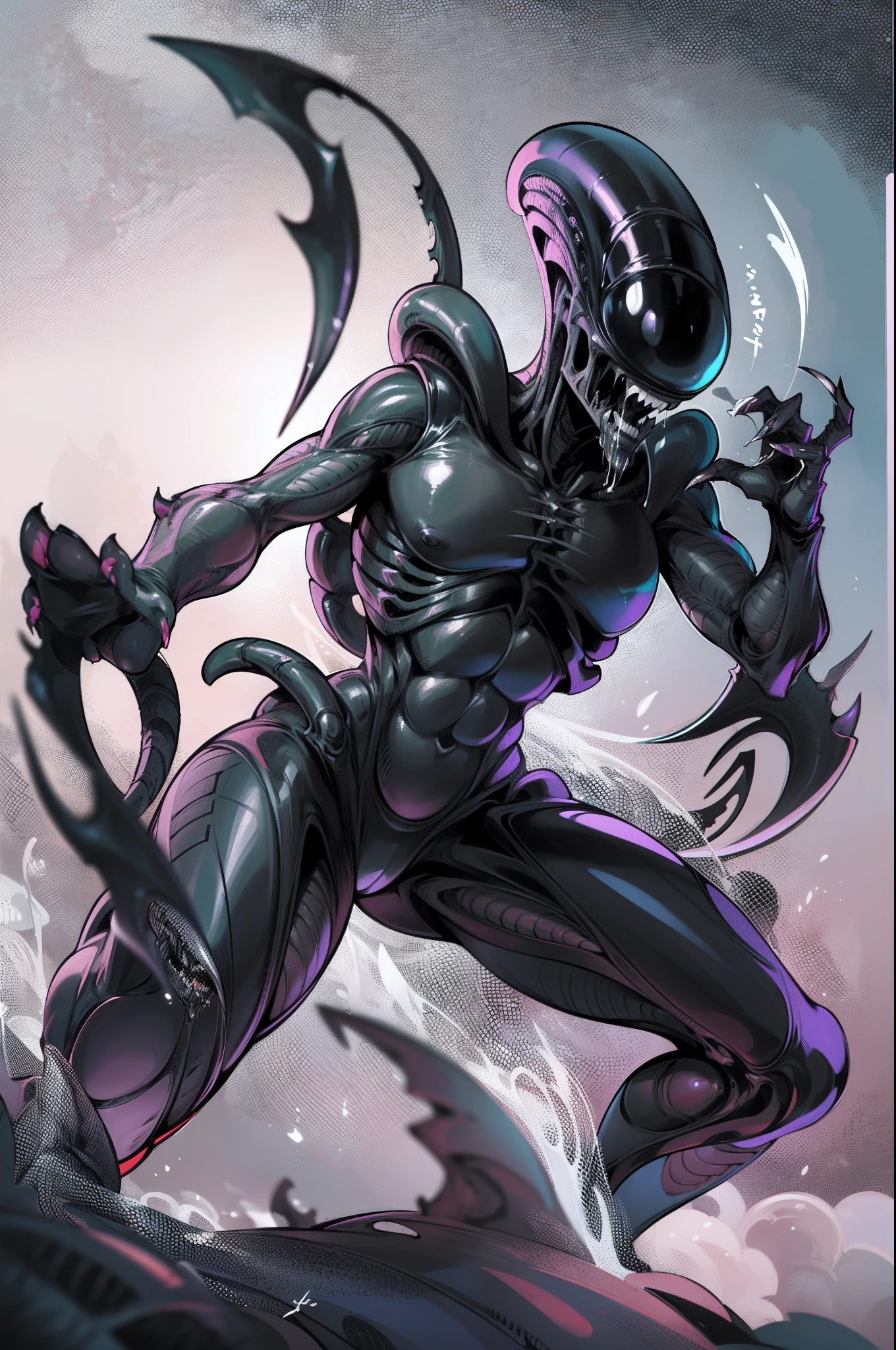 Desenhe um Xenomorfo do filme Alien, Iconic creature known for its creepy appearance and biomechanics. Be sure to include the characteristic details, as the elongated head, the double mouth with a second inner jaw, os olhos escuros e brilhantes, o exoesqueleto negro e brilhante, the sharp claws on the hands and feet, e o longo, Flexible tail with sharp scorpion tip. The Xenomorph should be in a threatening pose, com uma postura agressiva e intimidadora. Use sua criatividade para adicionar sombras e texturas para destacar detalhes e criar uma atmosfera sinistra, (((((Male version of the creature))))), (Kinematic), (melhor qualidade), (qualidade 8k), (corpo completo detalhado), (Pose dinamica de luta), ((masculine appearance)), (sem seios)