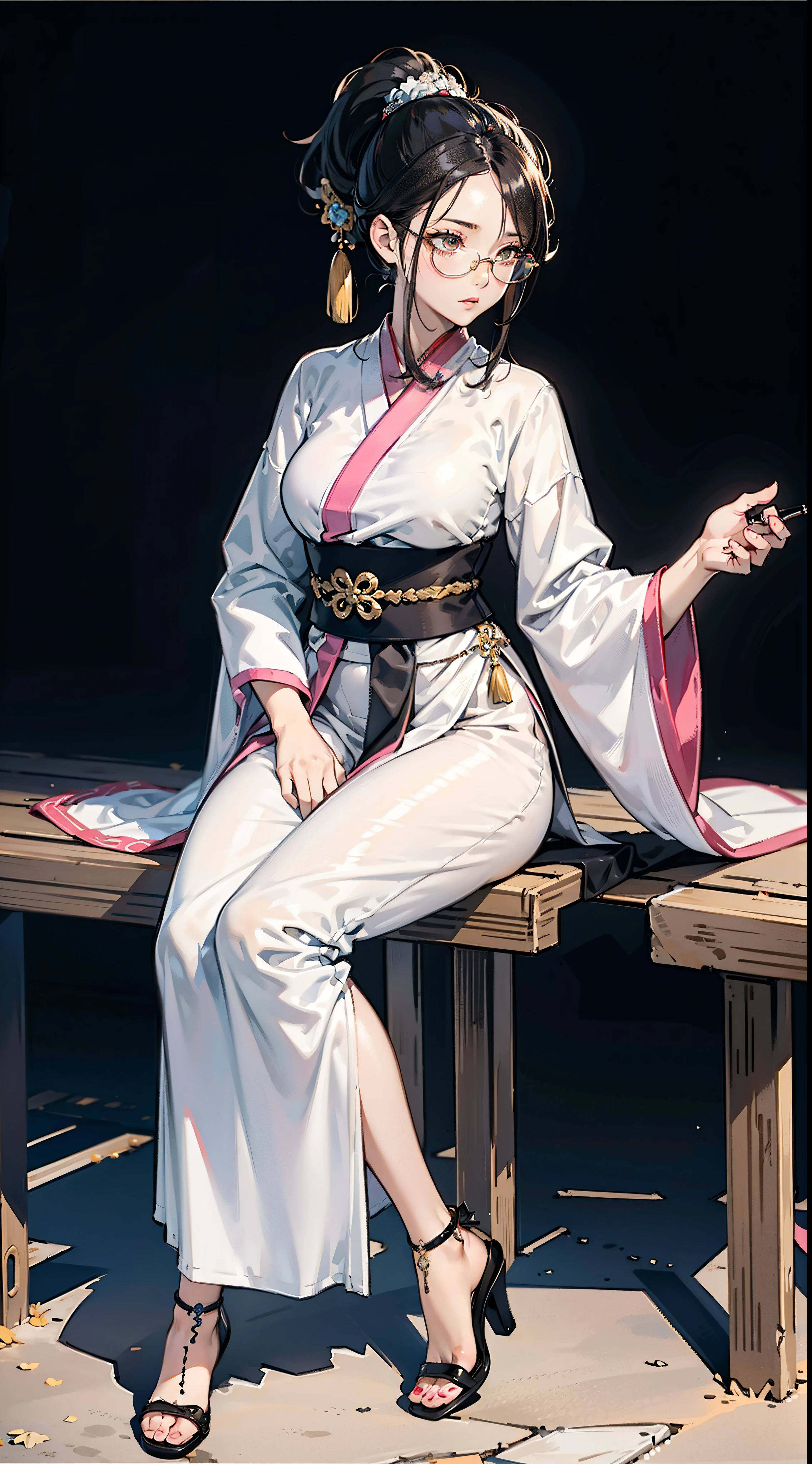 girl wearing spectacles,full bodyesbian,(Face details:1.2),tmasterpiece,Fashionab,Hanfu,Blue or white or yellow or pink ponytail or double ponytail or short or curly hair or long or curly hair,Doctor close-up, Has a glowing five-star rating, Their names, Photo, and the city in the background.,Large bust,rimless eyewears,Slim figure,Cute girl,Full body like,Hanfu,komono,Ancient Chinese streets,Dirty dark streets,high-heels,long leges,Sit in a chair or stand,Black or yellow or pink hanfu、Intricate pattern,Lots of details,tulle shawl,Fair skin,Pale skin
