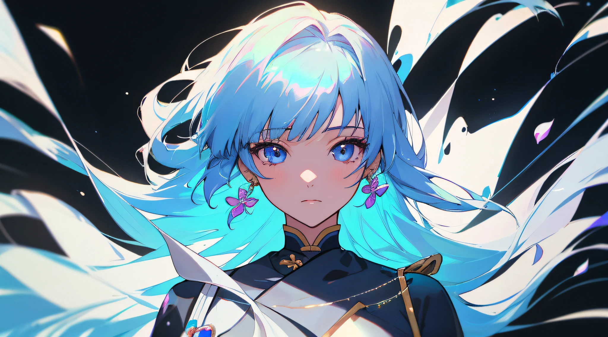 (masterpiece), (best quality), (ultra detailed),(disheveled hair),(illustration), (1girl), (Fashionable clothing), standing, Fashion model, looking at viewer, (interview), (simple background),beautiful detailed eyes, delicate beautiful face, Floating,(high saturation),(colorful splashes),colorful bubble,(shining), focus on face, kamisato ayaka, light blue hair, bangs, hair ring, floating flowers, floating hairs.Girl, anime waifu, looking at viewer, highlydetailed, reflections transparent iridescent colors, long transparent iridescent RGB hair, artby Serafleur from artstation, thick acrylic,illustration on pixiv, waist up portrait, gorgeoussacred girl, best quality, ultra detailed,sad,clever,beautiful face , beautiful lighton black background, Character stvle renderedby Octane,