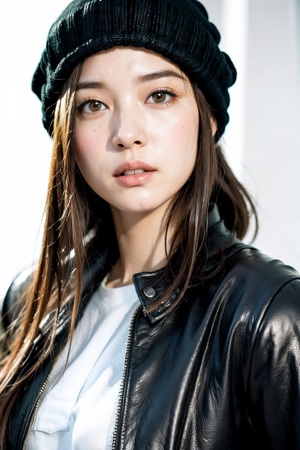 (
(8k:1.27), best quality, masterpiece, ultra highres:1.2) Photo of Pretty Japanese woman
 (beautiful:1.1) (sci-fi warrior woman:1.1) space soldier, (beanie:1.61) (leather jacket:1.21) intricate elegant, fantasy, detailed, ometric by greg rutkowski and alphonse mucha, gradient lighting