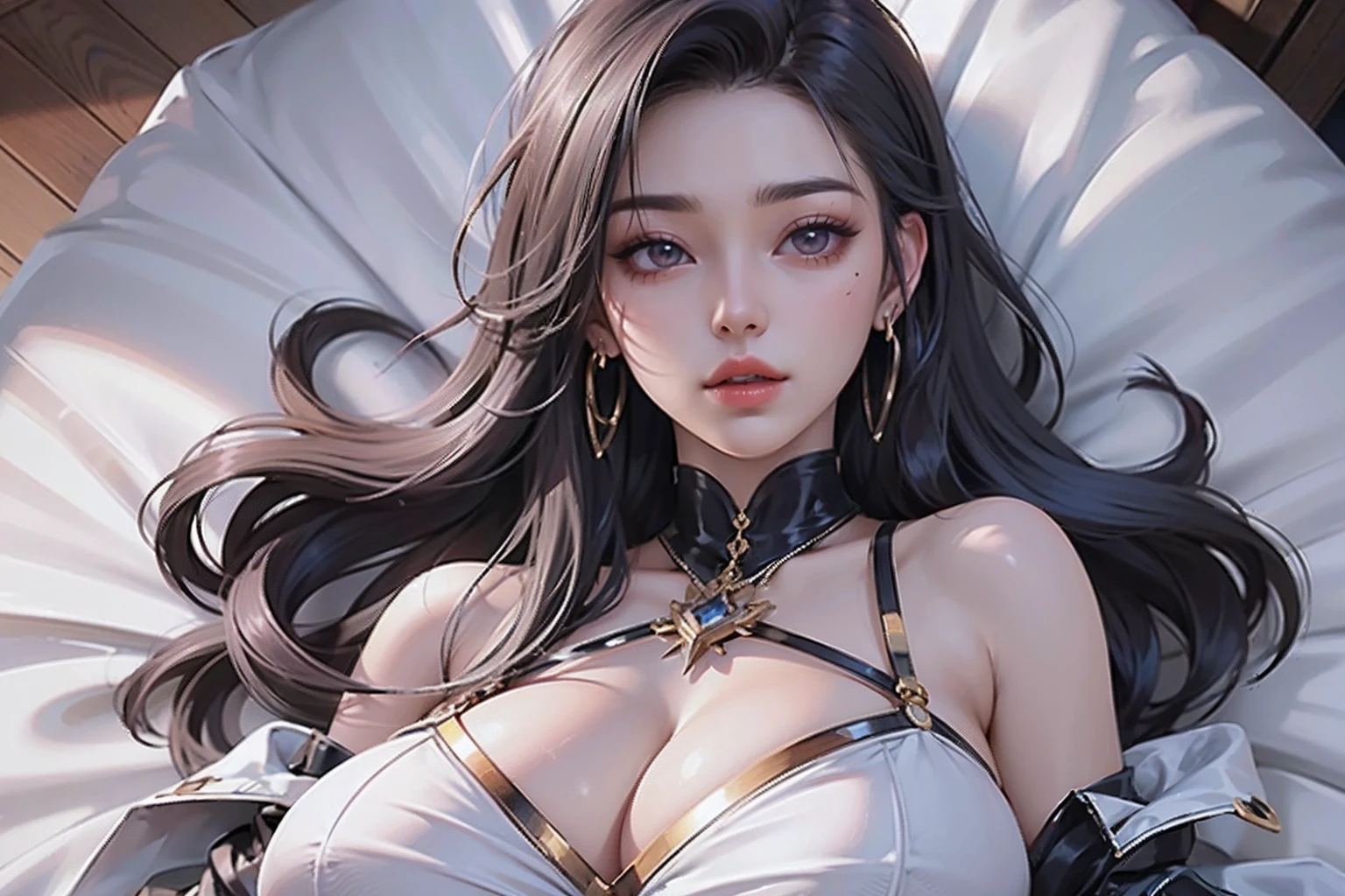 ((Realistic light、top-quality、8k、masterpiece:1.3))、1girl in、A pretty woman with perfect figure:1.4、abdominals:1.1、(huge-breasted:1.5)、Arabic address:1.2、a bed、hyperdetailed face、A detailed eye、二重まぶた、perfect hand、perfect fingers、perfect chest、perfect hair、face perfect、perfect bodies