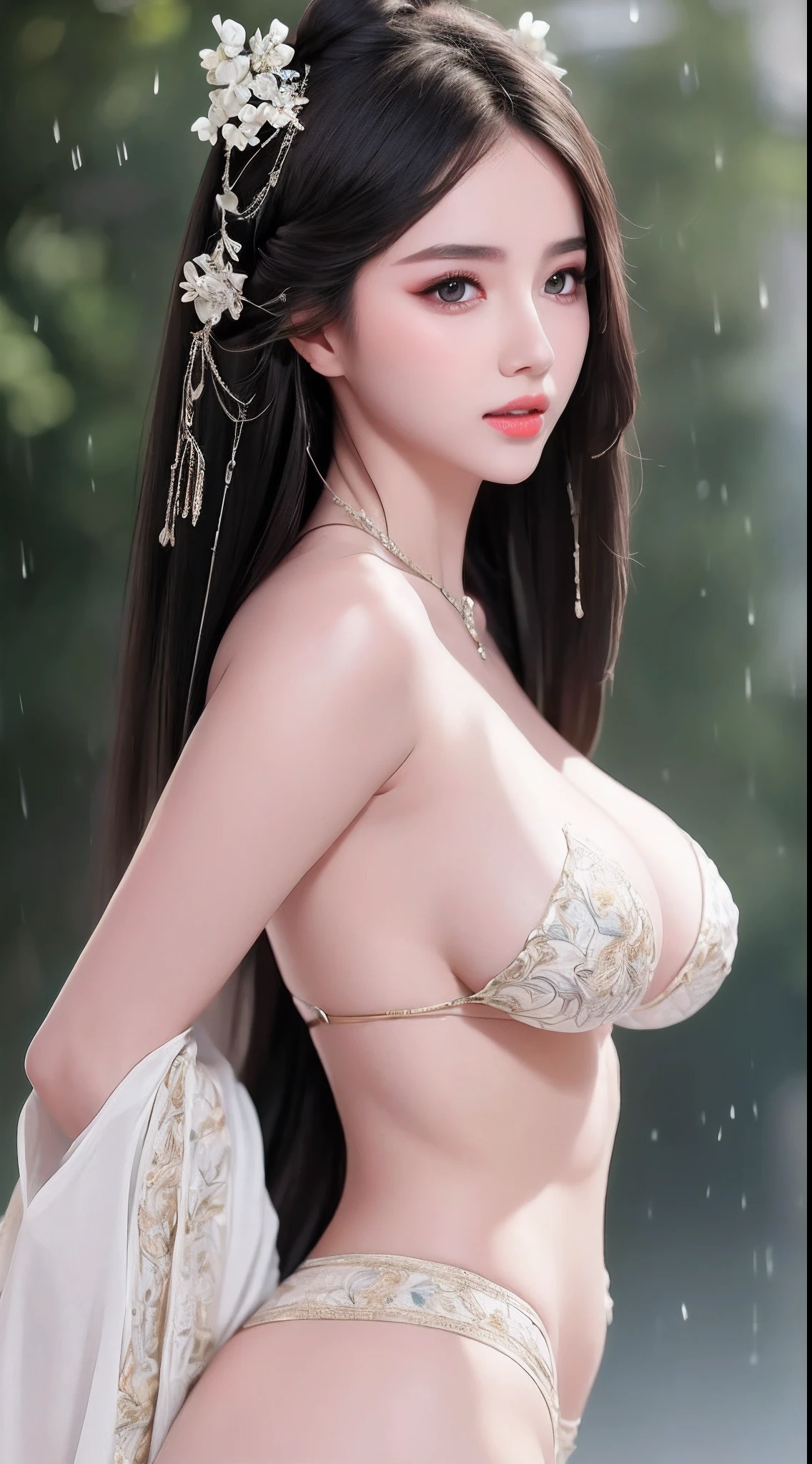 ((Best Quality, 8k, Masterpiece: 1.3)), Focus: 1.2, Perfect Body Beauty: 1.4, Buttocks: 1.2, ((Layered Haircut)), (Wet Clothes: 1.1), (Rain, Street:1.3), (Breasts: 1.2), (Hanfu: 1.2), Bare Shoulders, Bare Legs, Highly Detailed Face and Skin Texture, Fine Eyes, Double Eyelids, Whitened Skin, Long Hair, (Shut Up: 1.5), (Bokeh Background: 1.5), Big Breasts