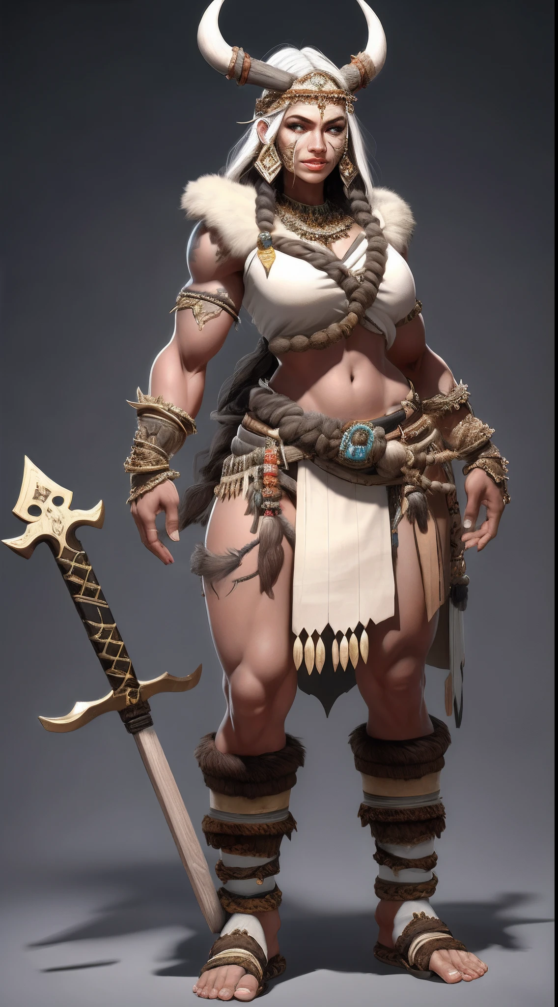 1 beautiful woman、Full body like,Primitive barbarian style,highly details eye、Detailed beautiful face,Full body standing painting,dynamicposes,white backgrounid,tmasterpiece,best qualtiy,Best resolution,8K,