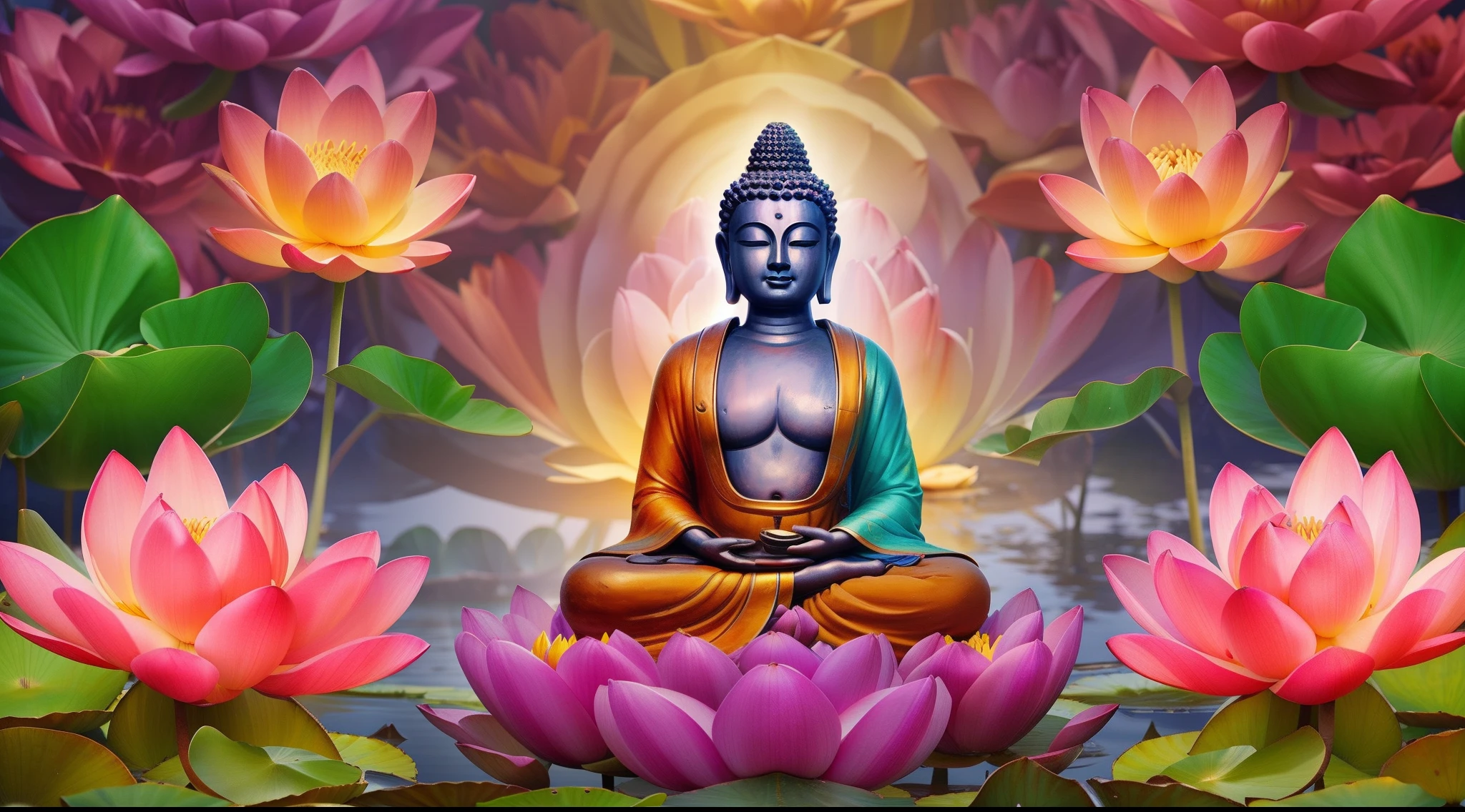 "Generate a realistic depiction of Buddha sitting on a giant lotus flower symmetrical in the colors of the rainbow, It is in the middle of a garden with many flowers and colors, com flores coloridas ao redor e luz suave iluminando seu rosto." High Definition Image, detalhamento alto e estilo fotorrealismo. Imagem com pelo menos 300 dpi, UHD 8k